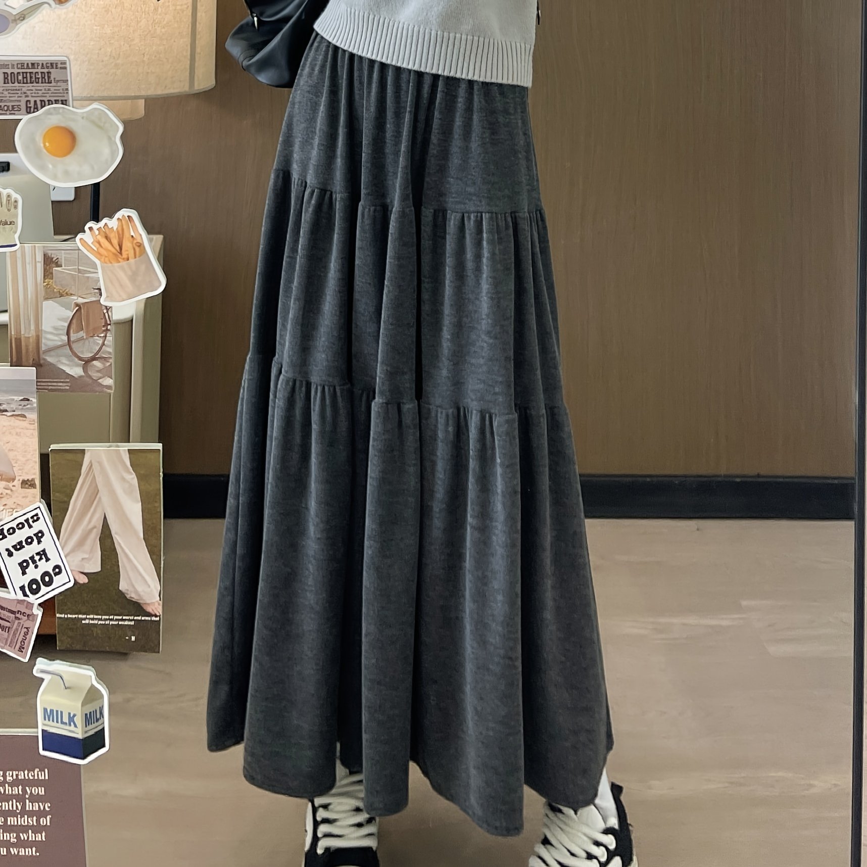 TEMU Elegant Layered Midi Skirt - Slimming, High-waist Design For Fall/winter , Machine Washable Polyester