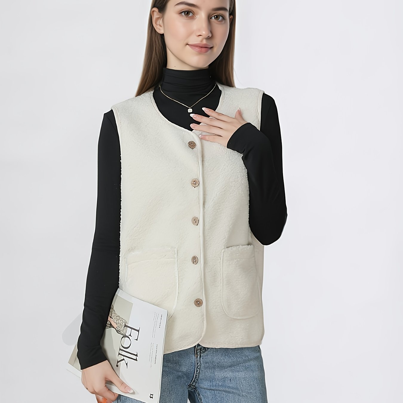 Women's Vest Jacket Plush Fluffy New Casual Spring Double-pocket Button Outerwear Temperament Vest Jacket