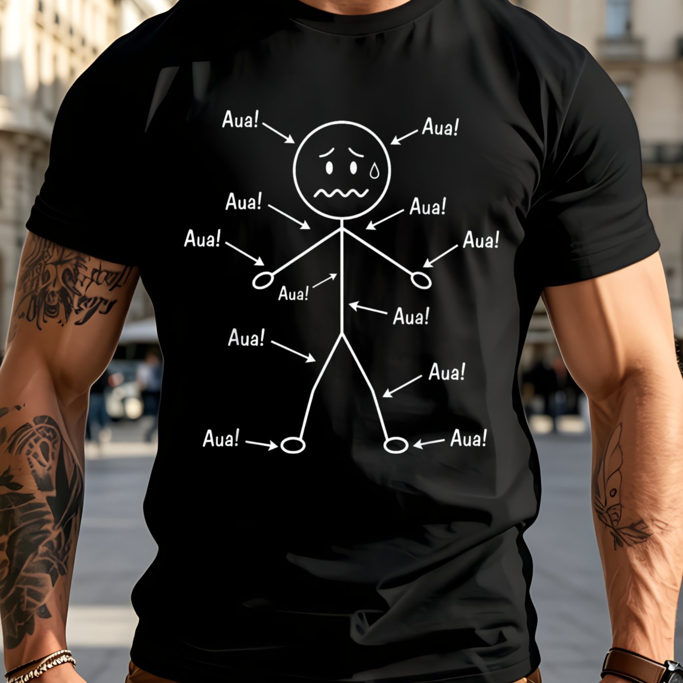 T-shirt German Aua Pain Arrows With White Line Drawing And Labels Graphic Print With Lettering Casual Statet Style Unisex T-shirt
