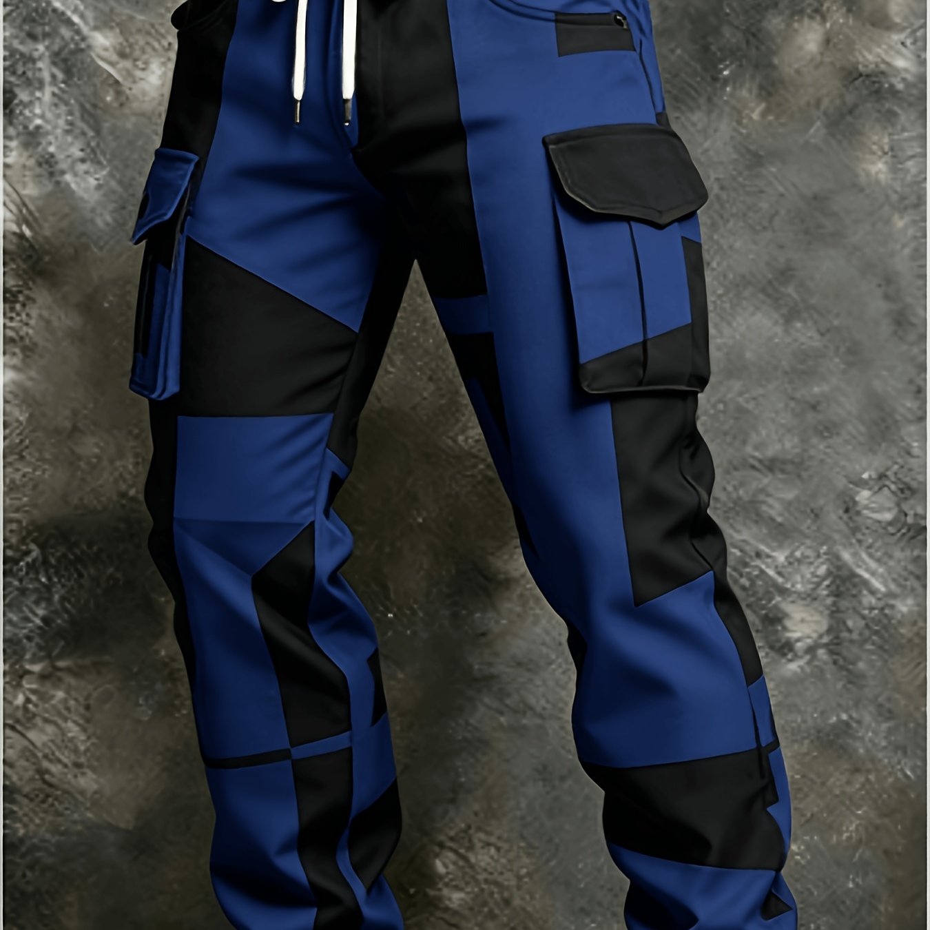 Image of Men's Blue And Black Geometric Color Block Multi-pocket Cargo Jogger Pants, With Drawstring Waistband And Loose Fit, Style, Suitable For Daily Wear, Unique Looks, And Street
