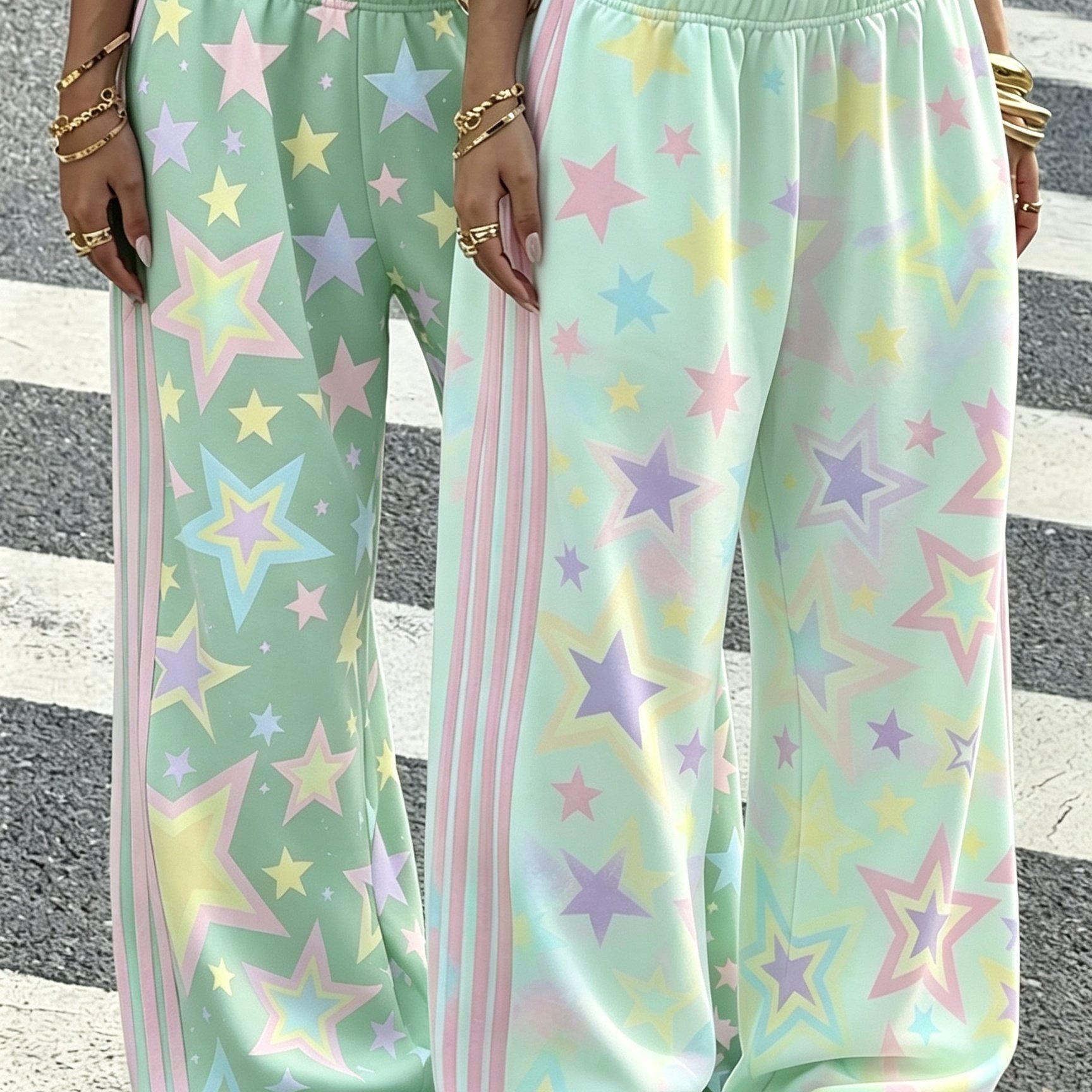 Image of 2pcs Girls Back To School Side Stripe Wide Leg Sweatpants, Casual Printed Loose Track Pants, Elastic High Waist Trousers, Y2k Streetwear Baggy Pants, Teen School Wear Long Pants, Perfect For Outdoor