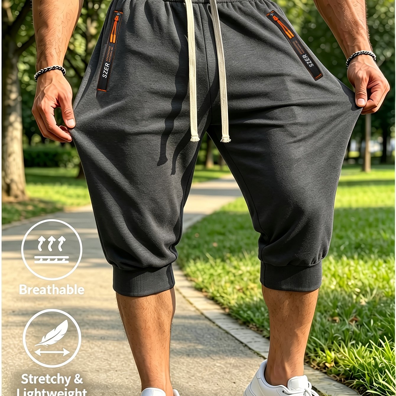 TEMU Men's Lightweight Breathable Summer Cropped Jogger Pants With Elastic Drawstring Waist, Zipper Pockets, Stretchy , Athletic Casual Skinny