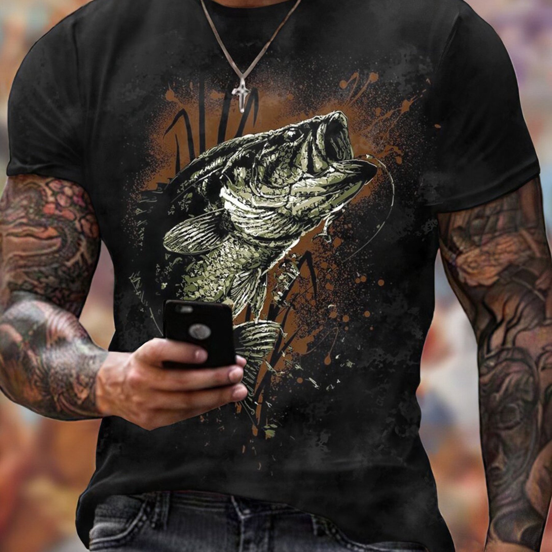 Image of Men's T-shirt With Fish Graphic Design, Trendy Summer Athletic Short Sleeves For Men, Fashionable Casual Look