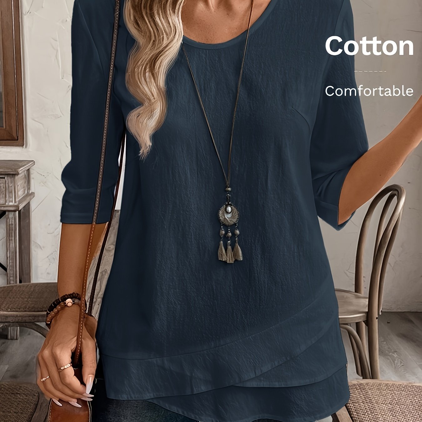 Women's Casual High-waisted Asymmetrical Hem Long Sleeve Round Neck Blouse - 100% Solid Color Top For Spring Summer Fall, Machine Washable Everyday