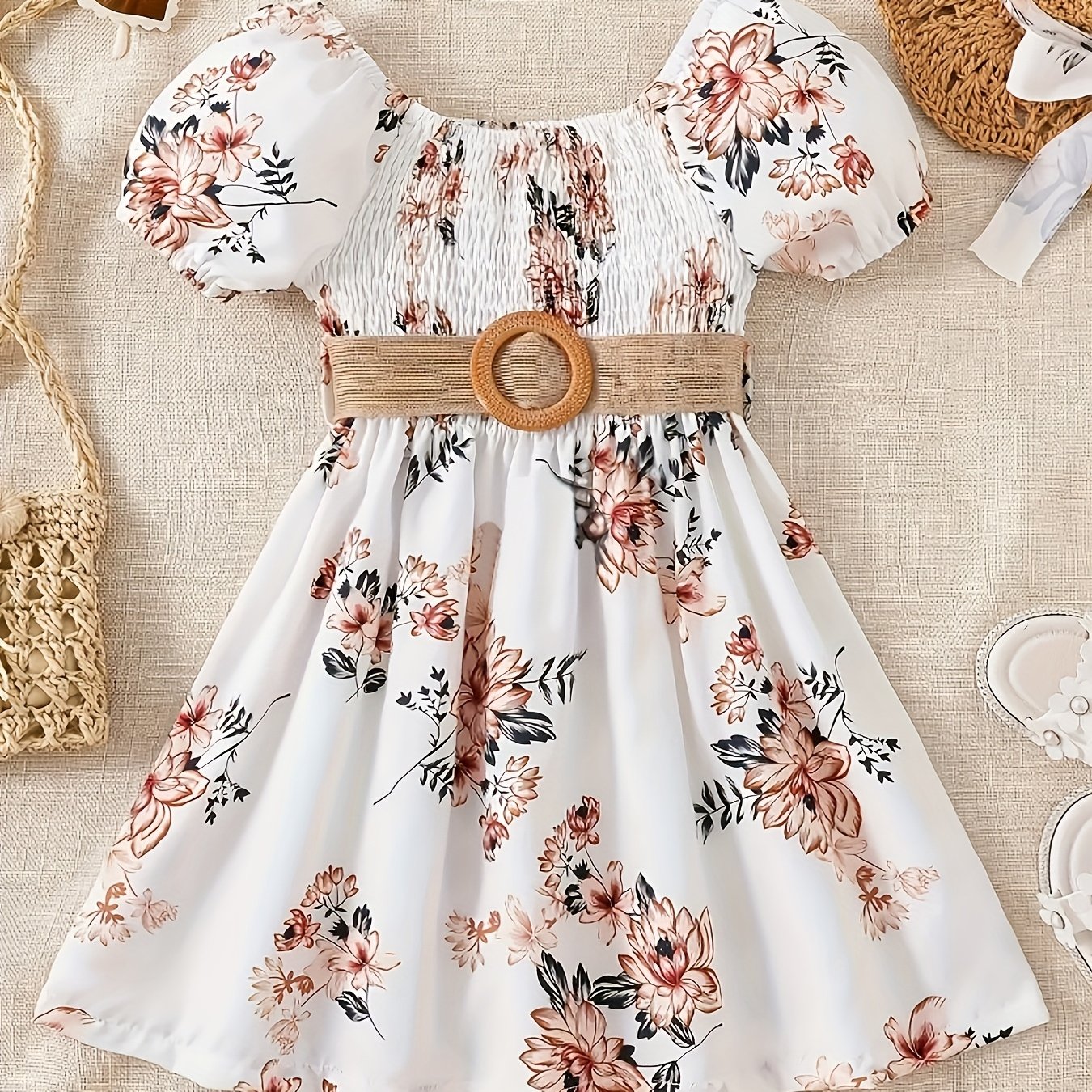Image of Sweet And Cute Floral Print Tie-waist Casual Dress For Girls