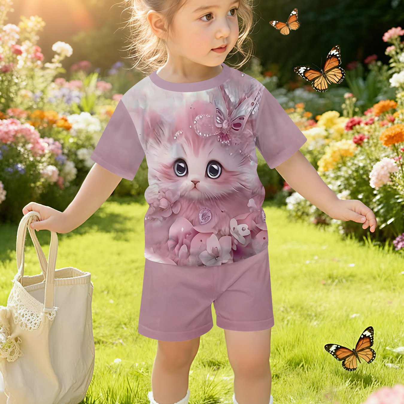 Image of 2pcs Summer New Baby Girl/child Casual Purple Pink Flower Decoration Cute Cat Printed Pattern Round Neck T-shirt And Shorts Set, Perfect For Outdoor
