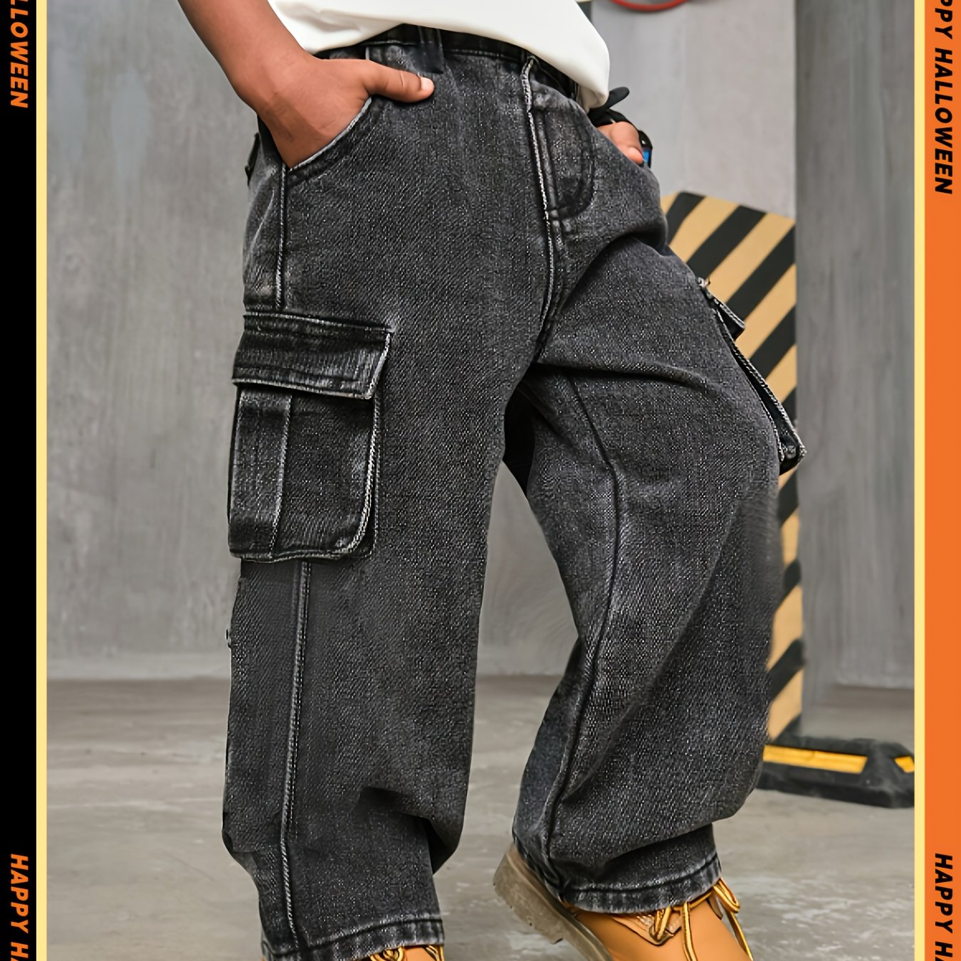 Image of Halloween Boys' Fashion Cargo Jeans - Stretch Waistband Jeans Suitable For - For Holiday And Casual Wear
