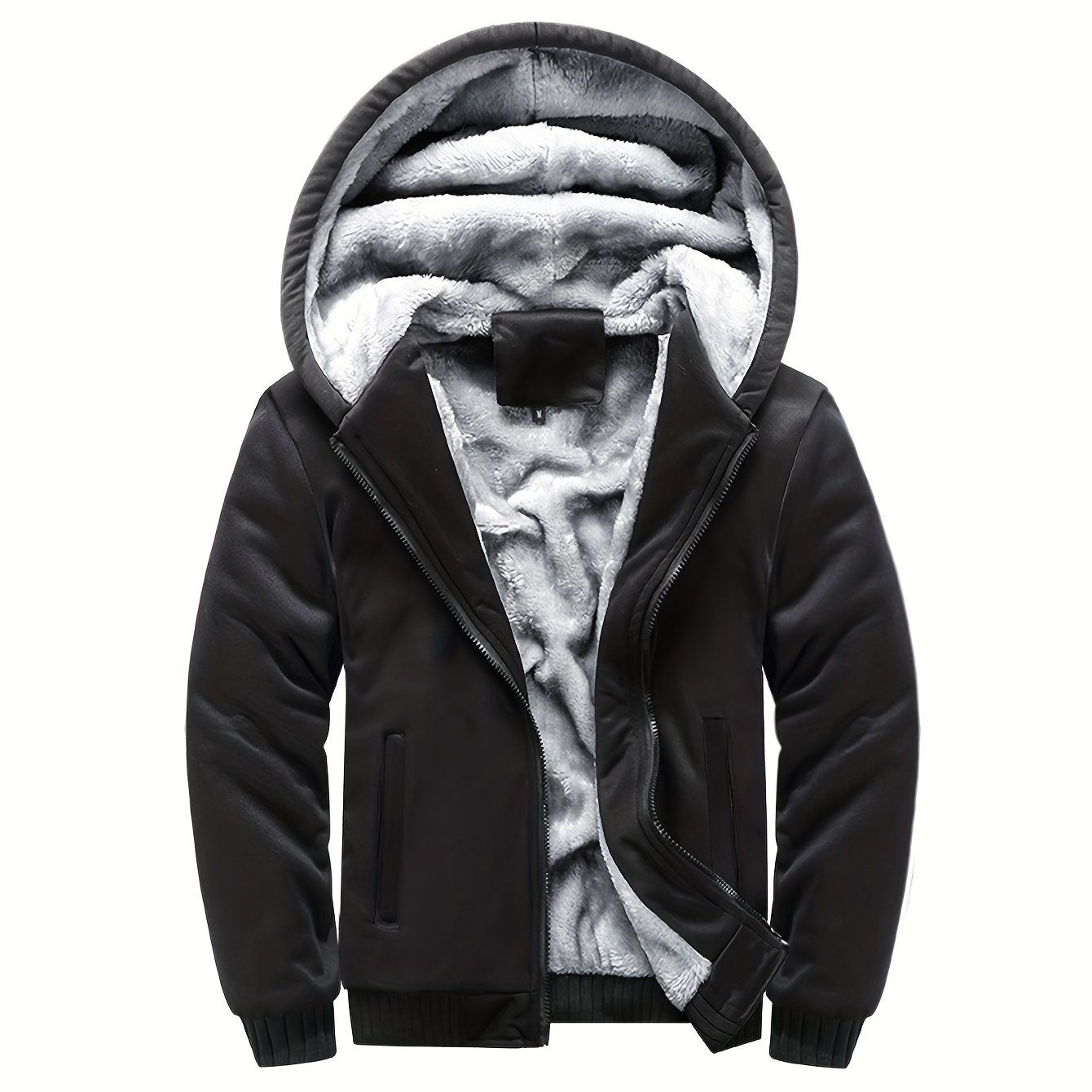 Image of Color Block Sherpa Lined Men's Hooded Jacket Casual Long Sleeve Hoodies With Zipper Gym Sports Hooded For Winter Fall