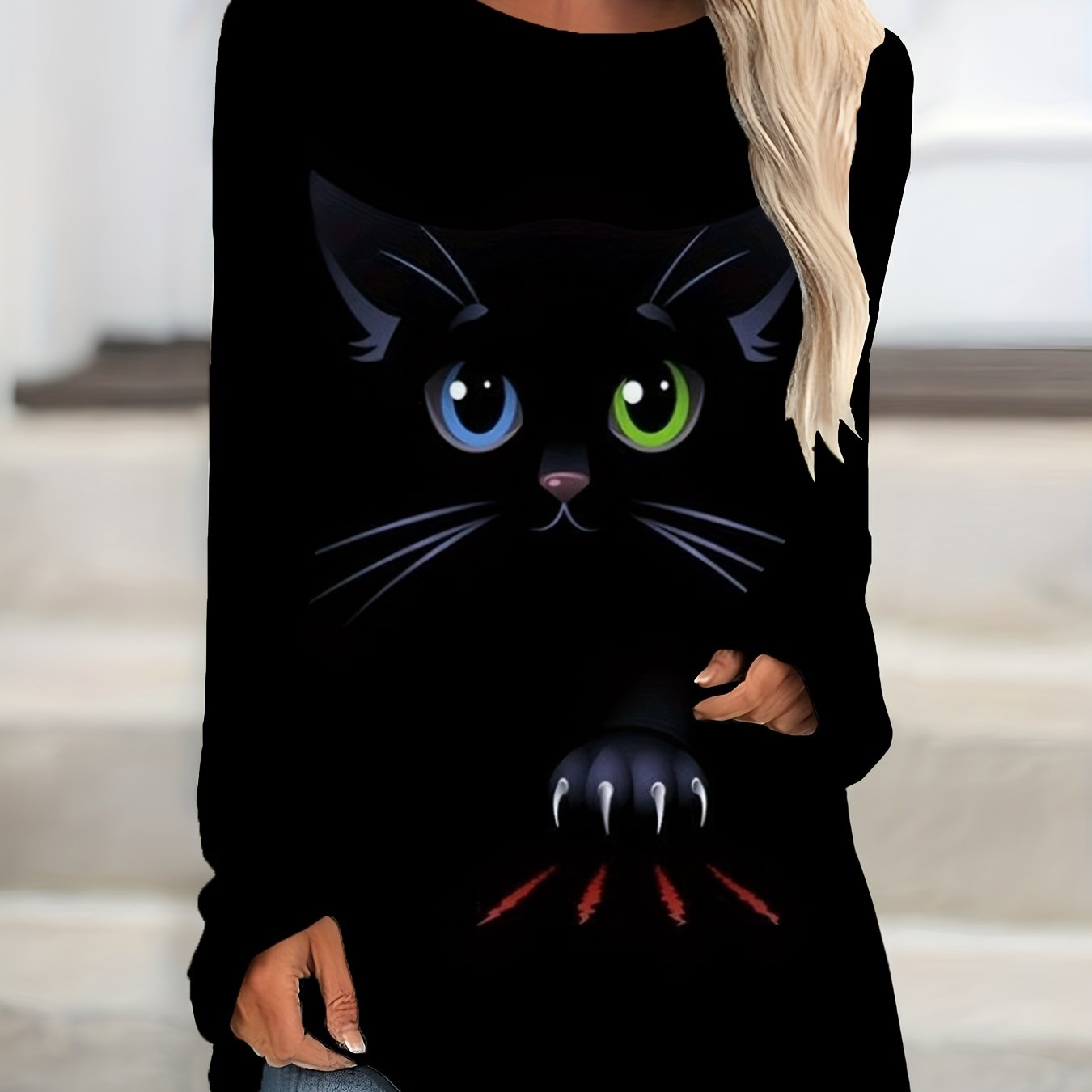 TEMU Plus Size Fall Winter New Arrival Women's Round Neck Off-shoulder T-shirt, Cute Black Cat Paw Print, Elegant Individual Style. Fashionable