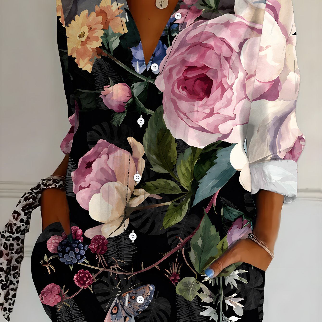 TEMU Plus Size Women's Long Sleeve Shirt Floral Style Loose Printed Shirt Embellishment Mid-length Women's Long Sleeve Collared Shirt Loose Printed