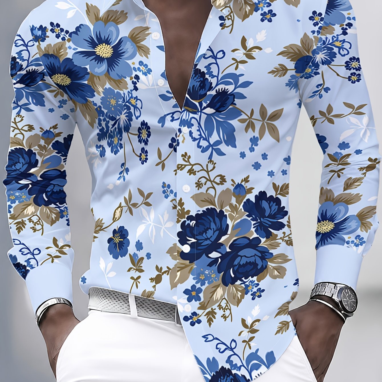 TEMU Men's Long Sleeve Shirt, Blue Floral Men' Shirt, Full Coverage Floral Pattern , Light Blue Elegant Color Men's Casual Shirt, Soft And