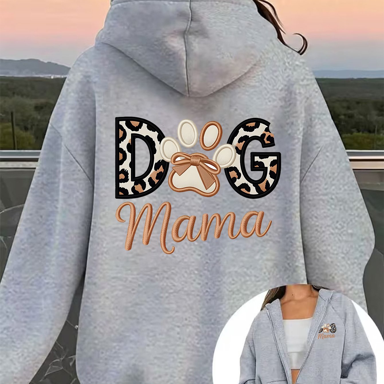 TEMU [front And Back Double-sided Print] 1pc Women's "dog Mom" Leopard Print Letter And Paw Print Element Pattern -lined Zip-up Hoodie Sweatshirt,