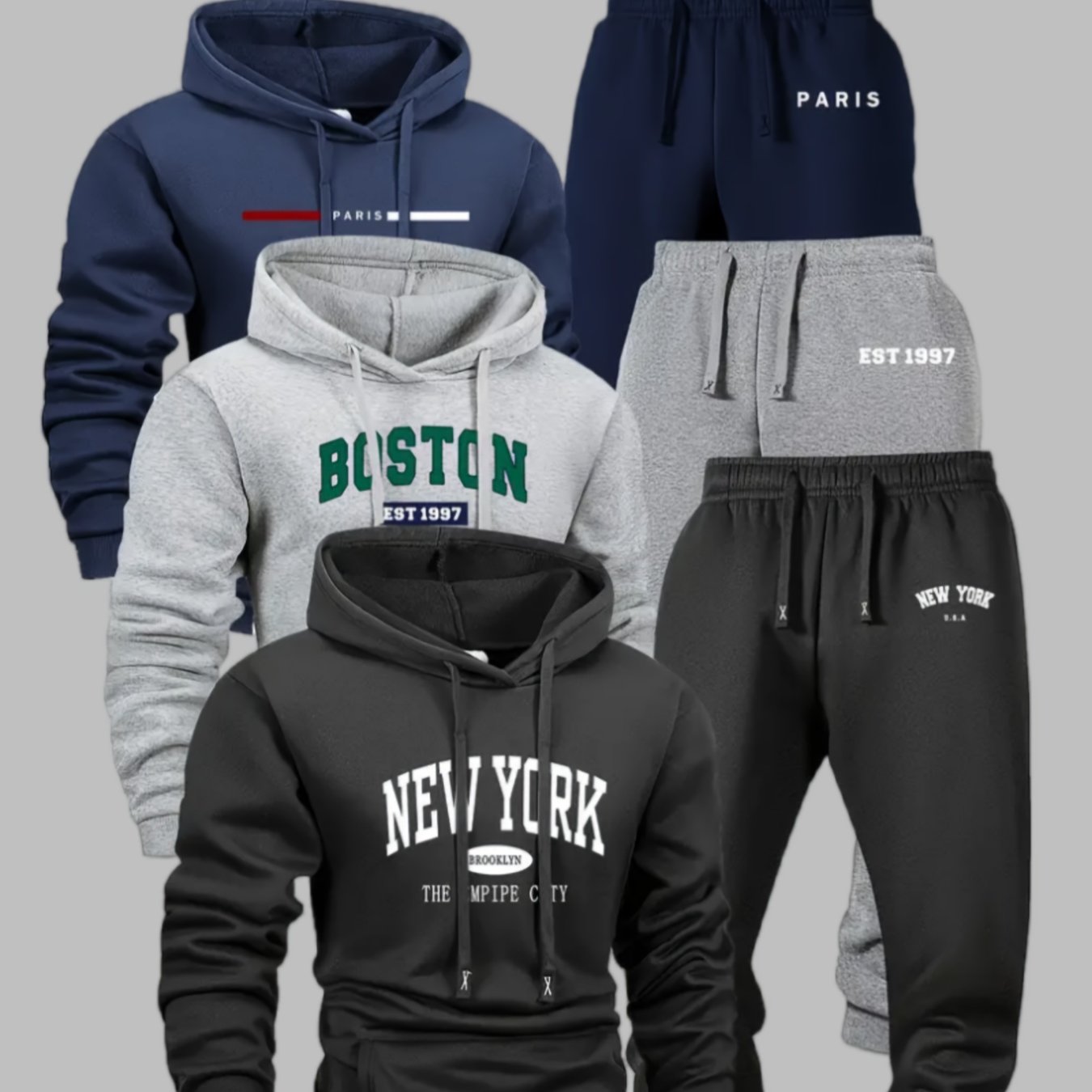 TEMU 6pcs Men's Sportswear And Pants Set, Fashionable Street Style City Name Printed Sportswear For Autumn And Winter Jogging Casual Wear, Soft, Warm And Comfortable Hooded Shirt And Pants|men's Set.