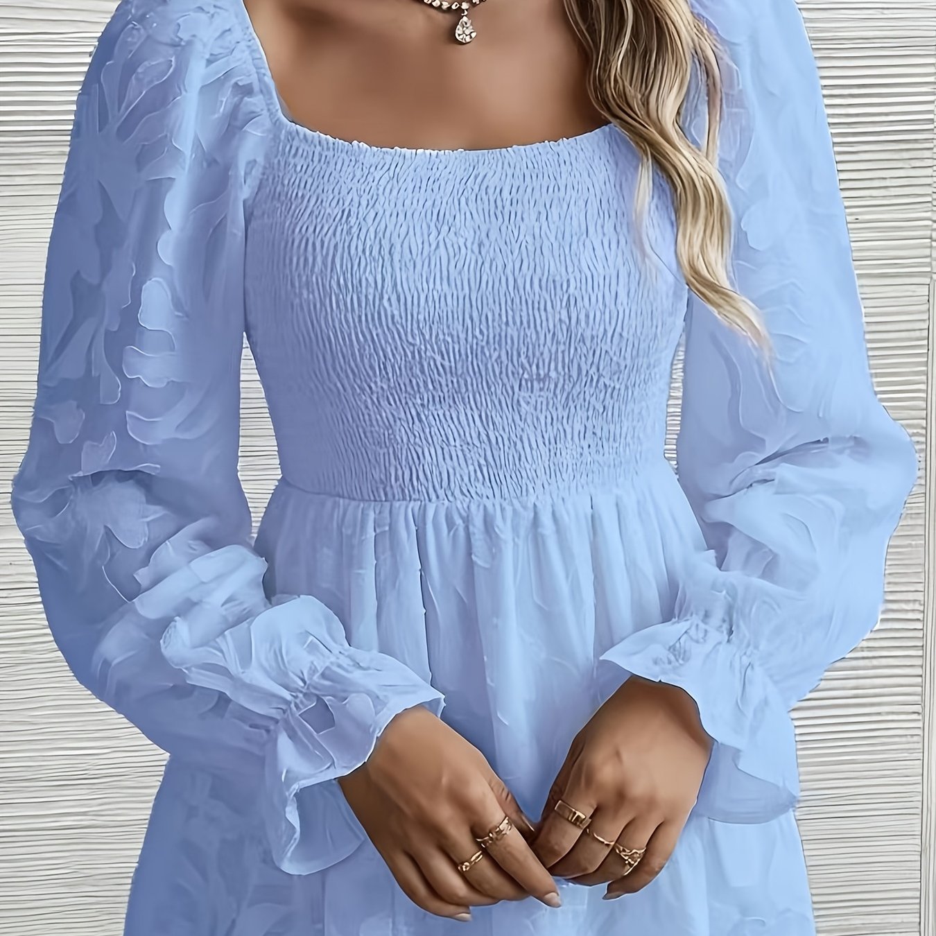Image of Elegant Jacquard Flared Sleeve Ruffle Blouse