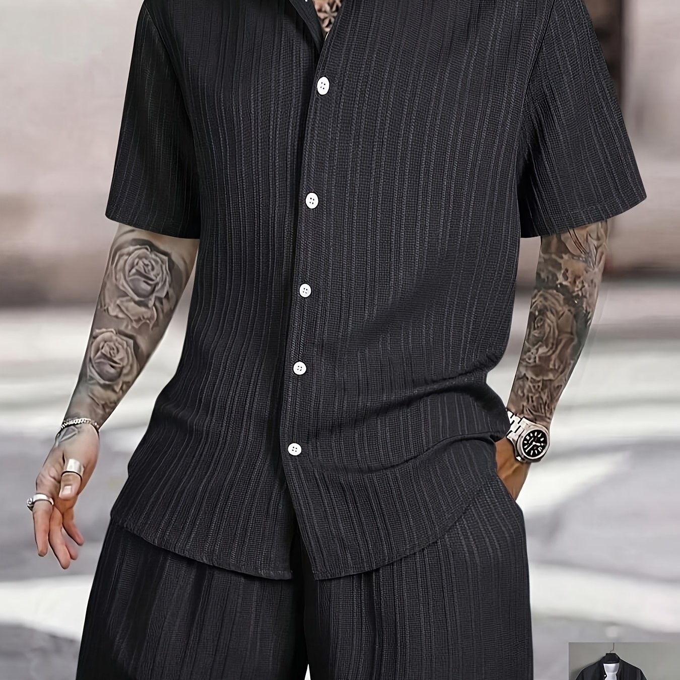 TEMU Men's Striped Casual Short-sleeve Shirt   Casual Drawstring Lined Shorts 2pcs Set With Elastic Waistband, Holiday Casual Outing Long Pants