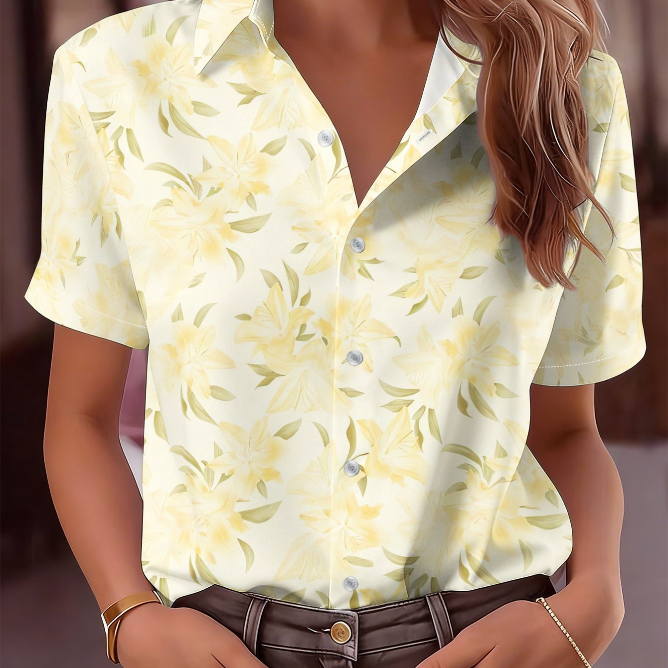 TEMU 2026 Women's Short-sleeve Shirt With Fresh And Elegant Lily Floral Print, Soft And Style For Daily Commuting And Casual Wear, Machine Washable