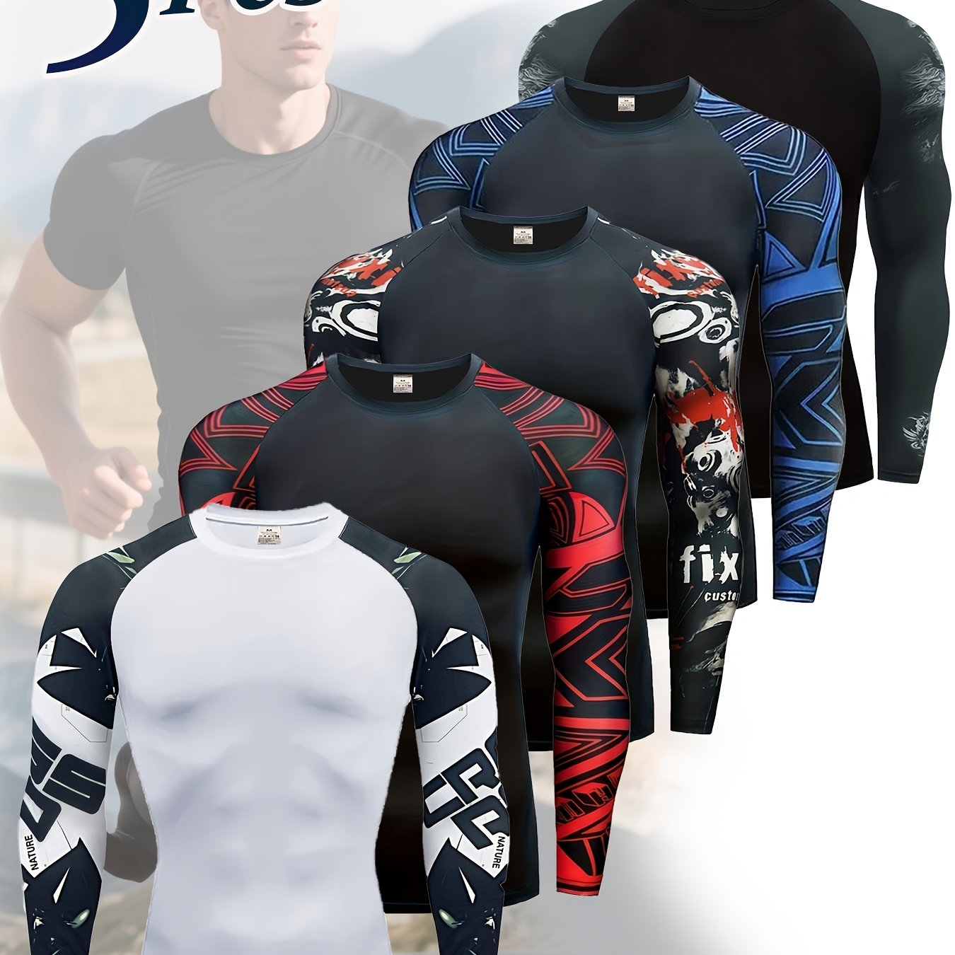 Men's 5pcs Long Sleeve T-shirts Breathable Quick Dry Sweatshirts Work Out Gym Outdoor Running Suits For Men Streetwear