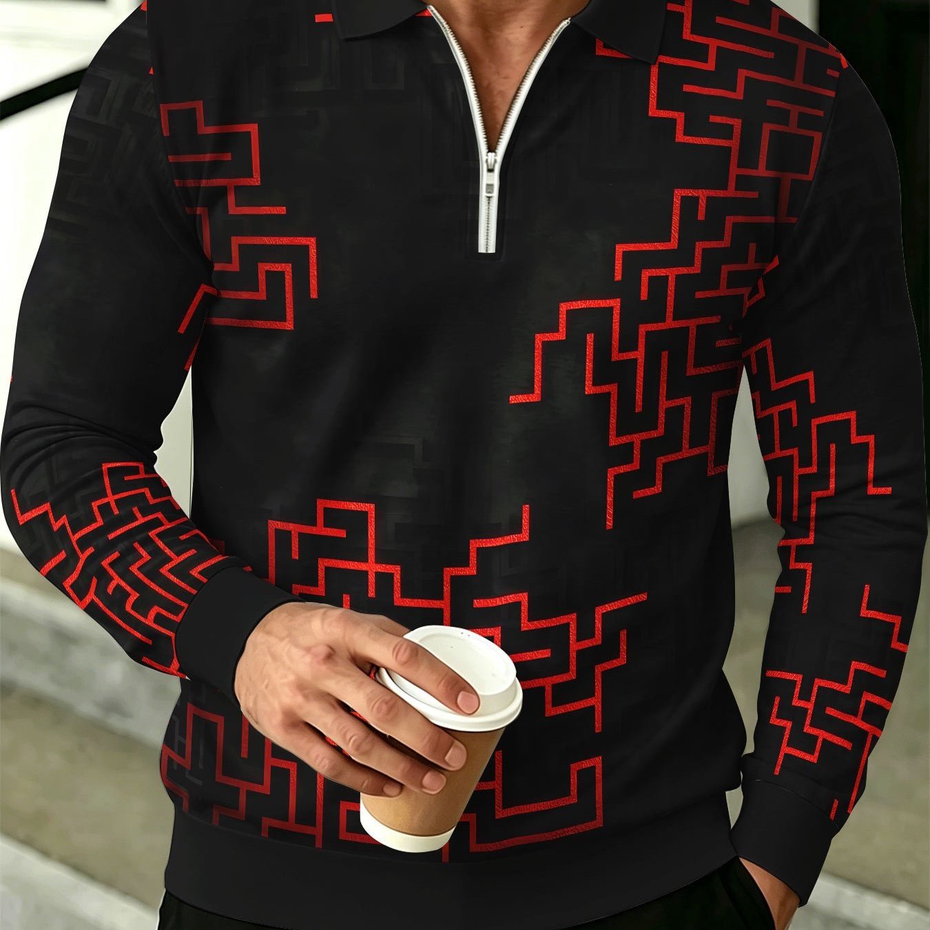 Image of New Arrival Men's Plus Size Zipper Long Sleeve Shirt Outdoor Street Base Red Geometric Maze Line Print Top Comfortable Versatile Design Long Sleeve
