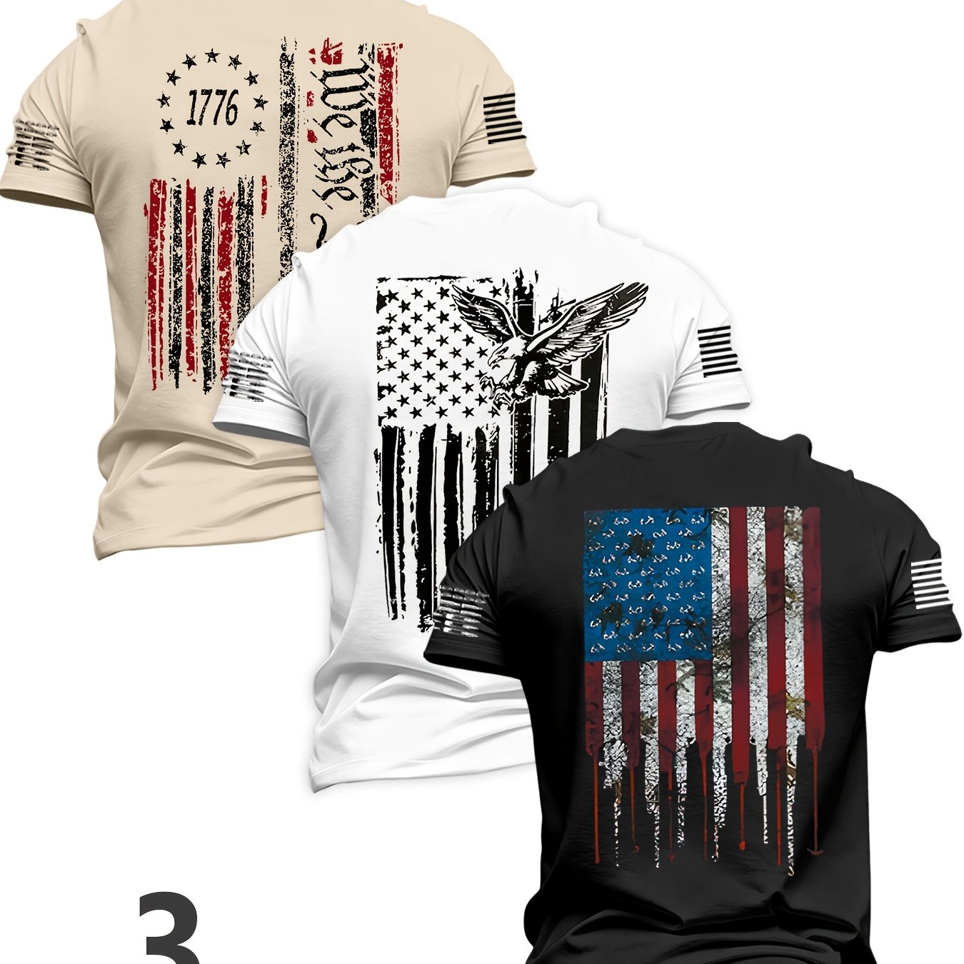 TEMU Men's 3pcs American Patriotic Flag Eagle Short Sleeve T-shirt Set, All-black Vintage Print Design, 250 Items-inspired, Featuring 1776 Flag, Of ,