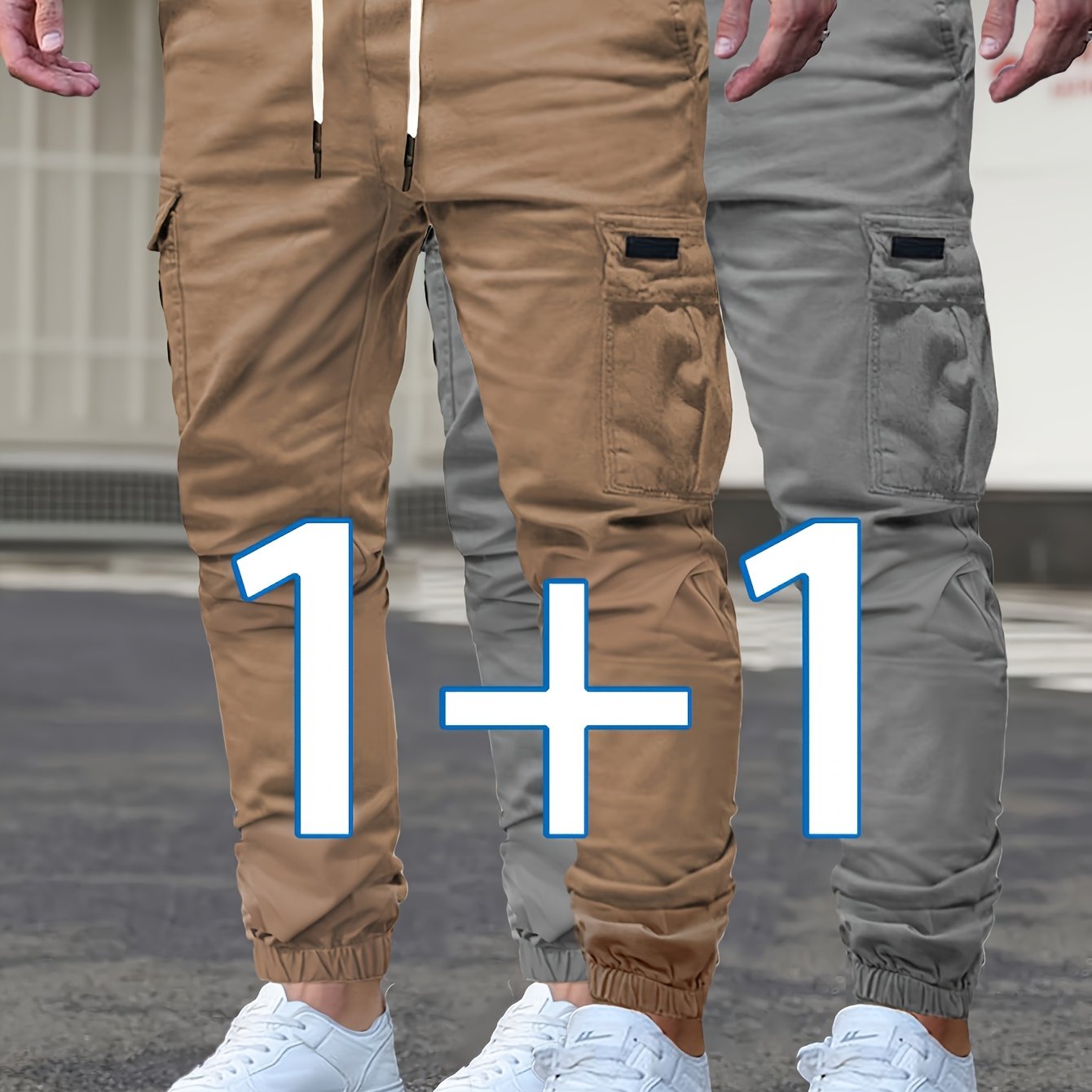 TEMU 2pcs - Men's Cargo Pants, Men's Trousers, Waist Drawstring With Flap Pockets, Durable Work Pants, Machine-washable Solid-colored Multi-pocket