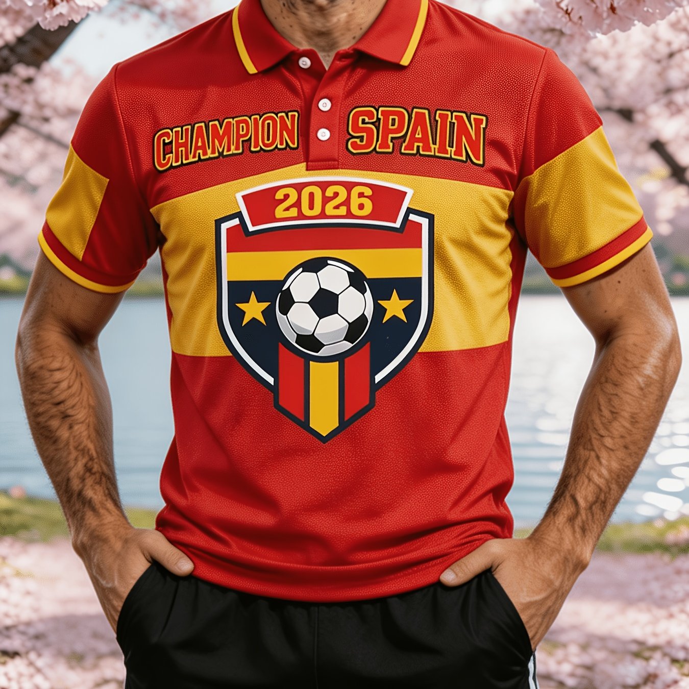 TEMU Polo de manga corta casual para hombre, estilo en , con estampado de fútbol español y de de moda "" y "España", camiseta de polo tipo de fútbol