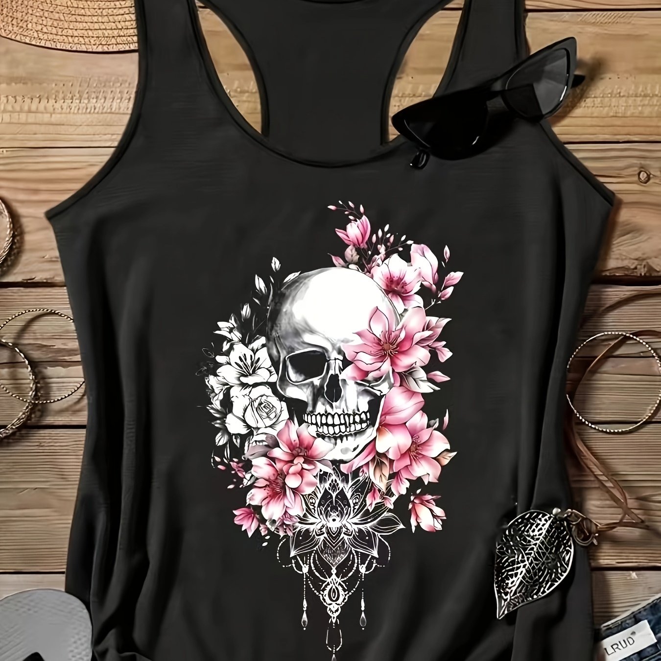 TEMU Women's Casual Sleeveless Vest With Skull And Floral Print, Lettering, Slim Fit Round Neck, Suitable For Summer Wear