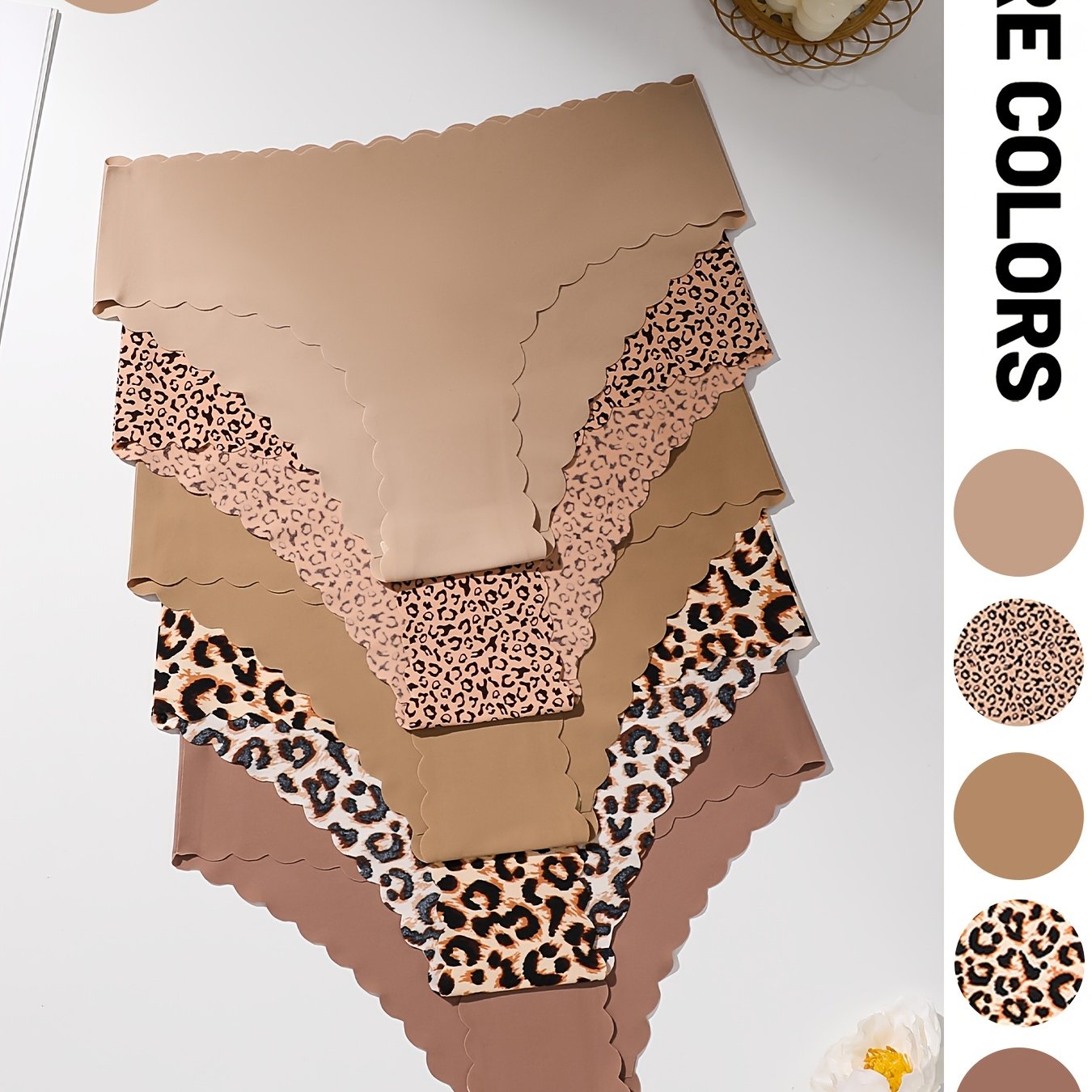 Image of 5pcs Set Of Women's Mid-waist Panties | Seamless Adhesive, Leopard Print, Comfortable And Breathable Stretch, Scallop Detail, Thong Style - Baukiro