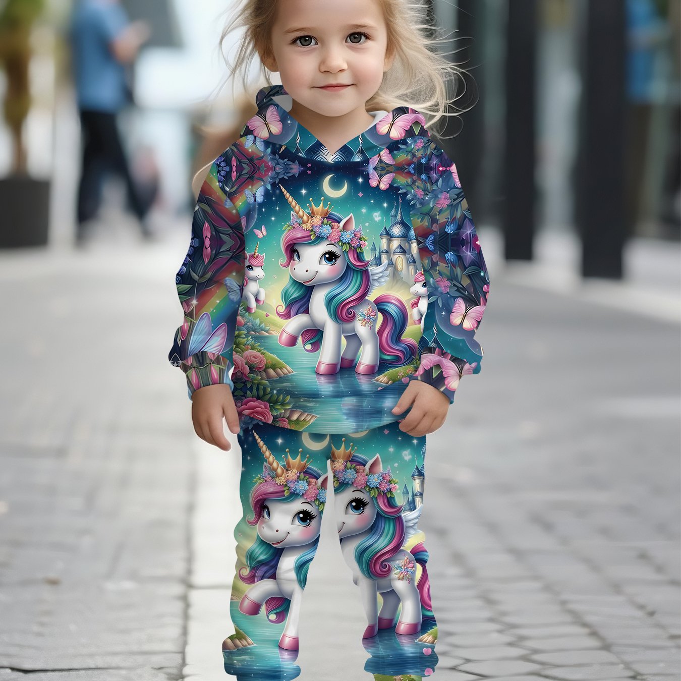 Image of 2pcs Girls' Unicorn-themed Long-sleeve Hooded Sweatshirt And Sweatpants Set, A Clothing Gift Suitable For Children, Casual Sportswear Set, Very Suitable For Outdoor Use, Christmas, Halloween