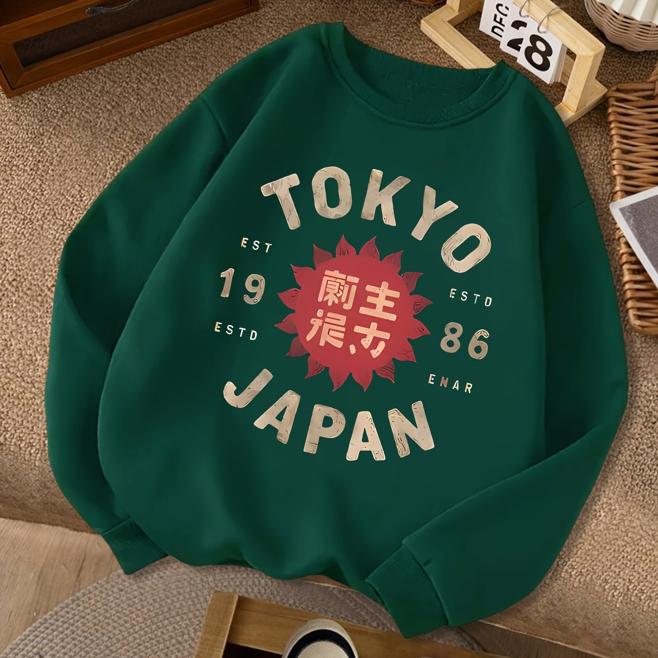 TEMU New Women's Retro Sweatshirt, Japanese Tokyo Japanese Element Pattern Print, Available, Loose Casual Pullover Sweater For Fall Winter, Machine