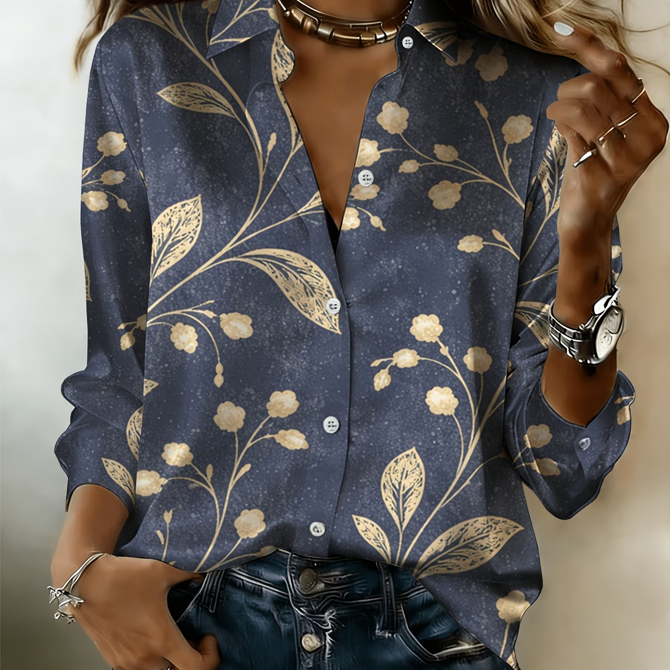TEMU [printed Design - Not Textured] Women's Elegant Golden Floral Shirt - Long Sleeve Button-up Top, Design, Machine Washable, , Apparel |