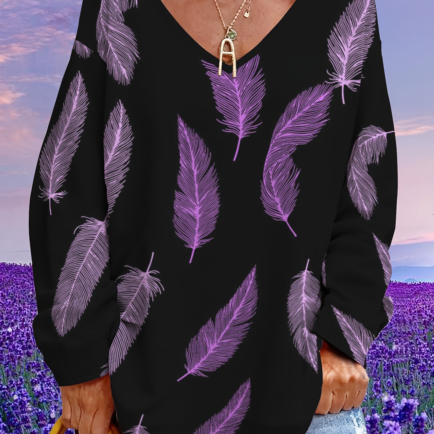 TEMU Women's V-neck Long Sleeve Top, With Purple Gradient Print, Loose Fit Flattering Cut, Skin-friendly Draping Fabric, Niche Forest Aesthetic Top