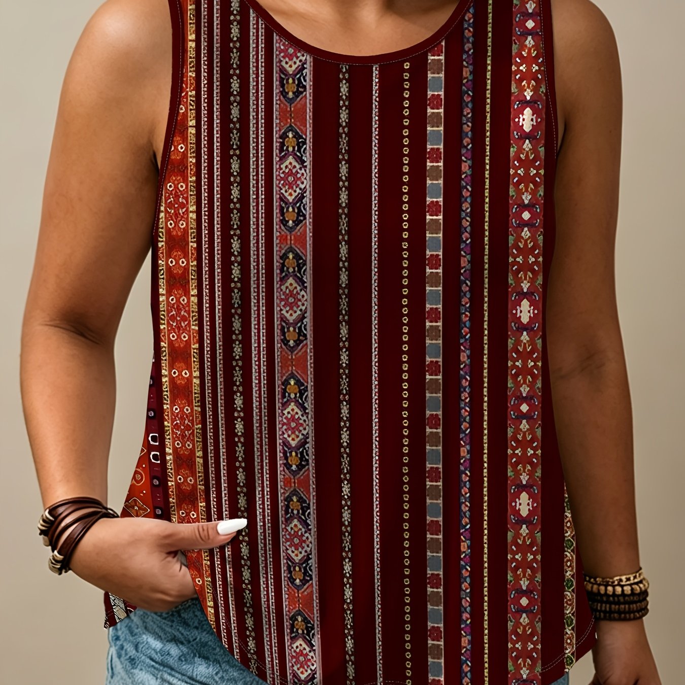 TEMU Retro Ethnic Striped Printed Sleeveless Vest, Plus Size Women's Loose , Summer Autumn Casual Fashion Base Layer