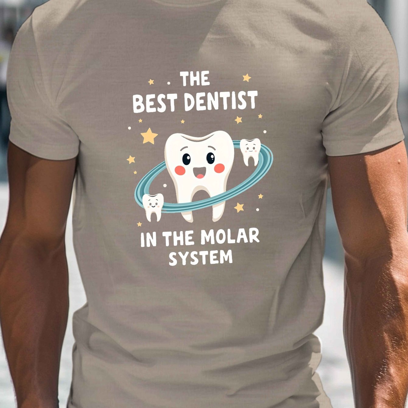 TEMU Men's Casual Crew Neck T-shirt With Dentist Tooth Print - Lightweight, Breathable Polyester, Perfect For Summer