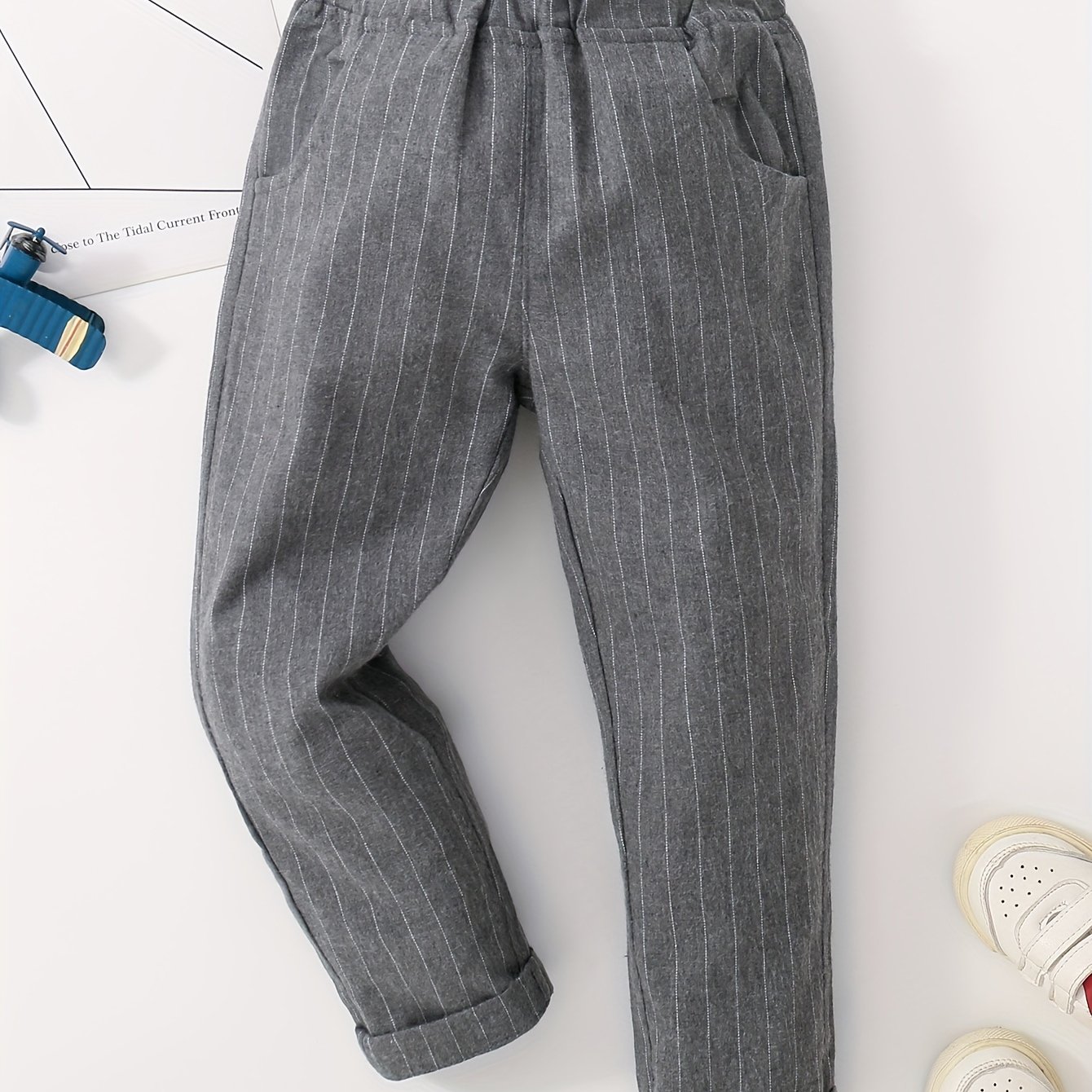 Boys' Spring/autumn Pocket Gray Striped Long Pants, Outerwear Comfortable Daily Casual Trousers, For Outdoor
