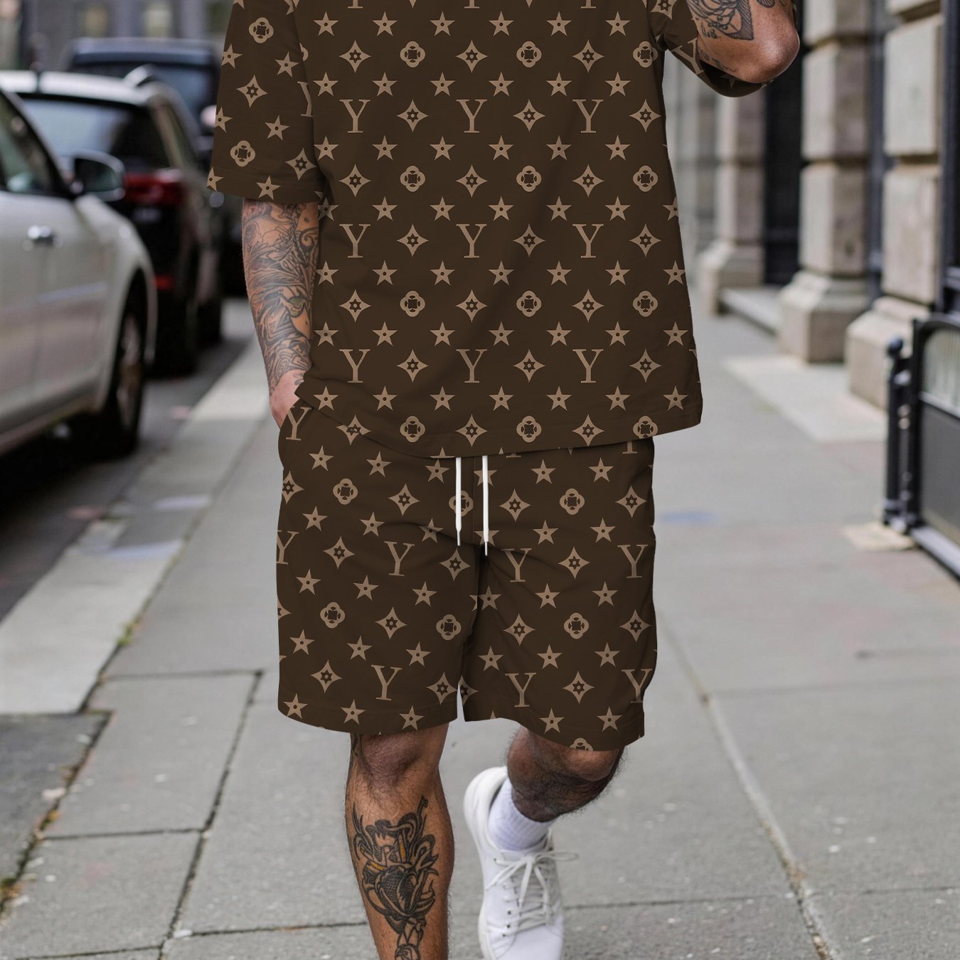 TEMU Herenpak voor lente en zomer met korte mouwen, casual licht luxe ouderwets pak met volledige opdruk, trendy kortemouwen-shortspak, trendy outfit