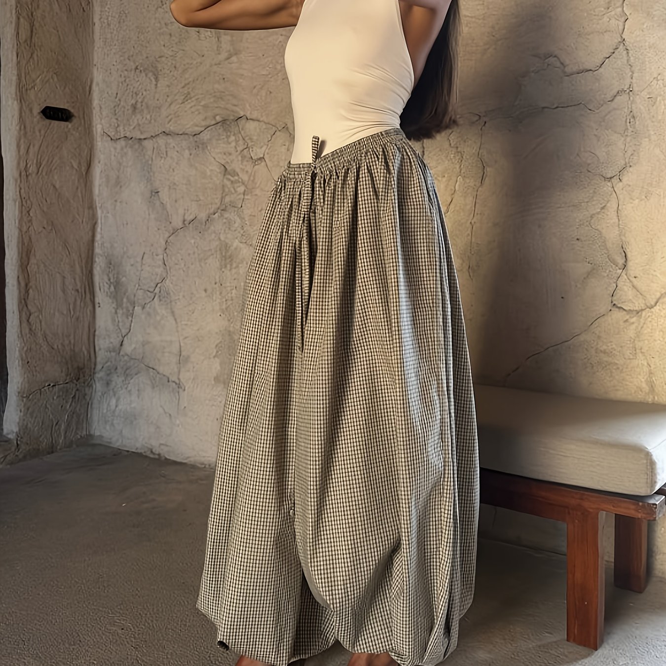 TEMU Wy1020057 Women's Fashion Casual Oversized Wide-leg Lantern Pants With Side Pockets And Elastic Waistband