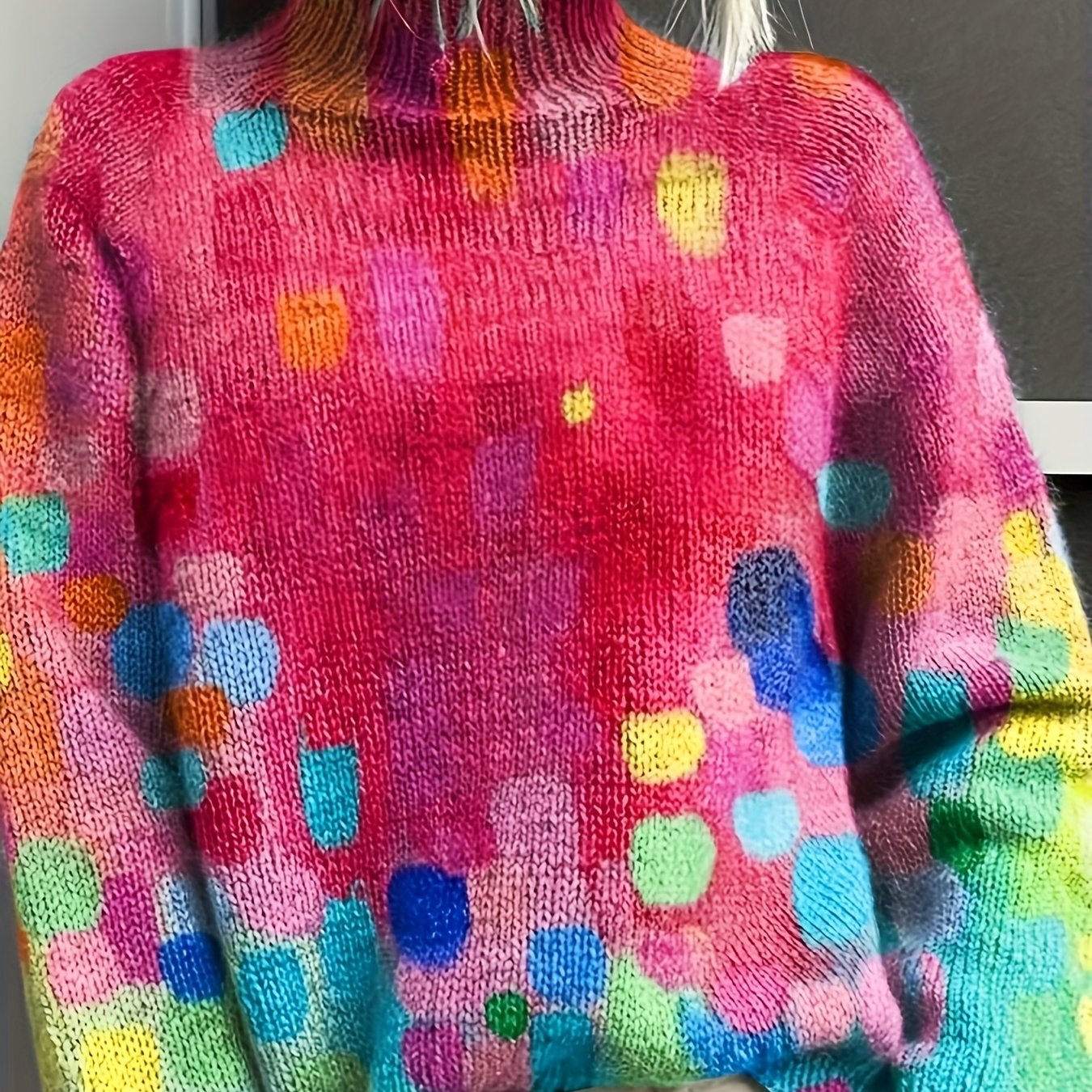 TEMU Pull plat à motif 2D pour femme, mode automne/hiver, nouveau, élégant, polyvalent, à col montant et manches longues, pull tendance à impression