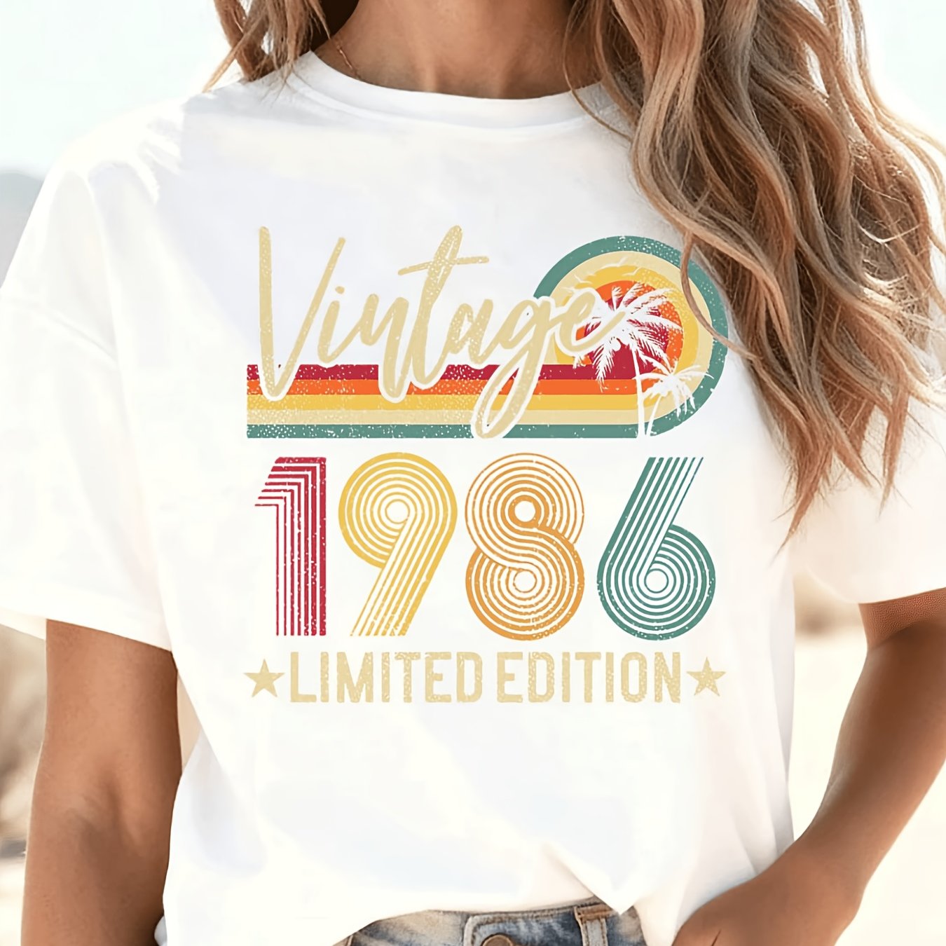 TEMU Edition Palm Tree 1986, Edition 1986 40th Birthday Gift Printed T-shirt, Short Sleeve Casual, Summer And Spring, Round Neck Top Comfortable