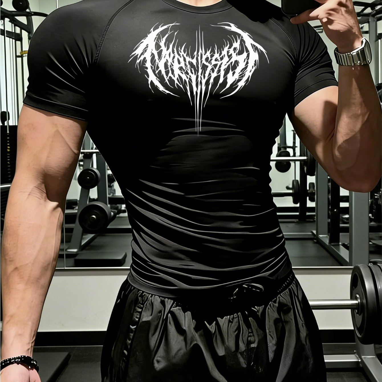 TEMU Men's Metal Letter Print Compression Fit Fitness Shirt, Quick-drying Breathable Slim- T-shirt, High-elasticity Moisture-wicking Short-sleeve
