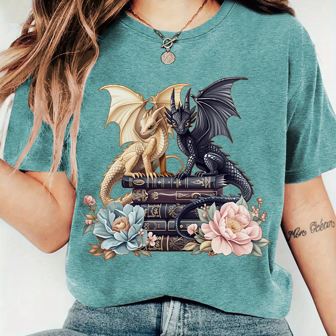 TEMU Women's Winter Wear Twin Dragon Print Round Neck Short Sleeve T-shirt, Comfortable Soft Fashionable Elegant Vintage Casual Versatile Spring