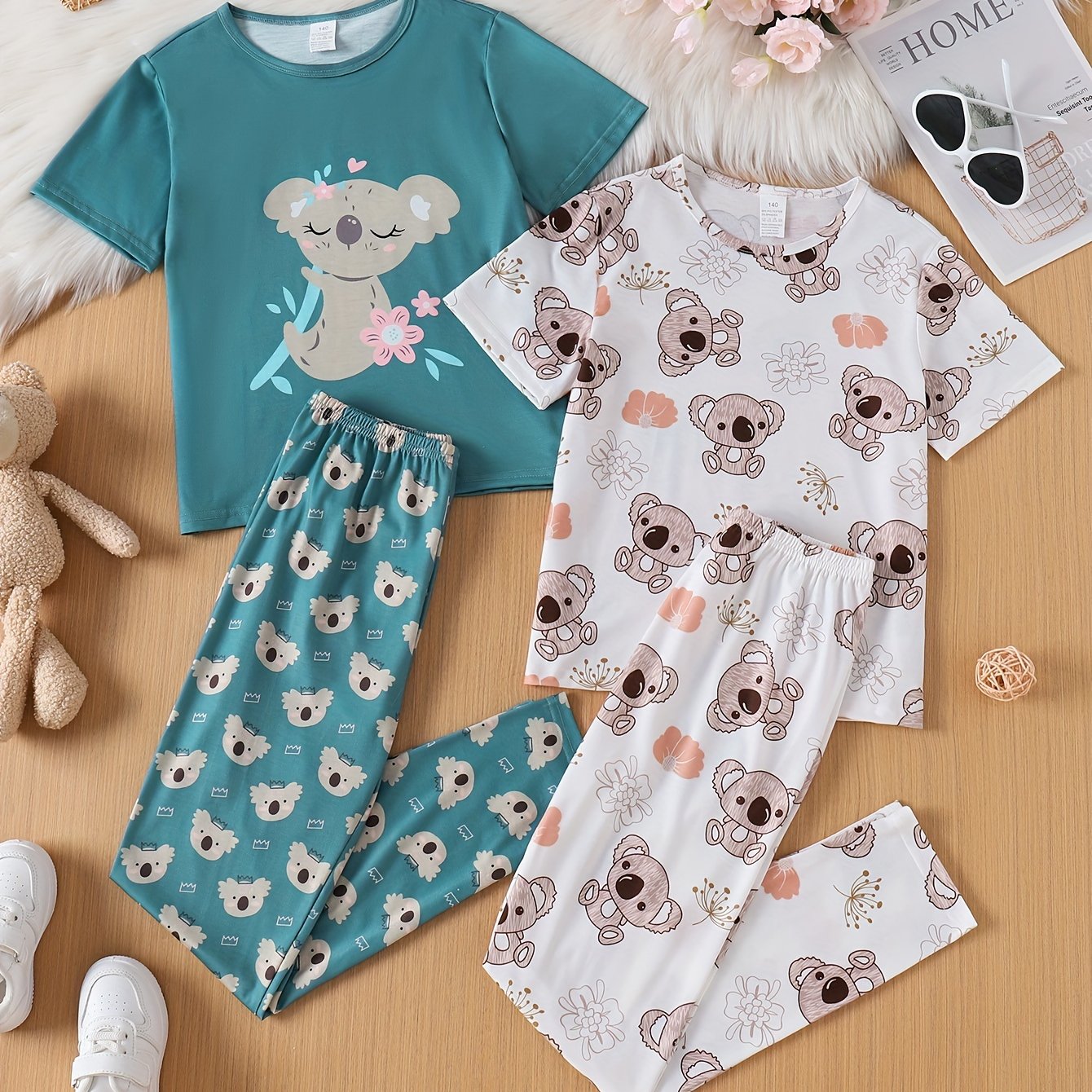 2 Sets 4pcs Girls' Short Sleeve And Long Pants Outfits, Random Cute Cartoon Bear Koala Print, Comfortable Fitted Casual Set