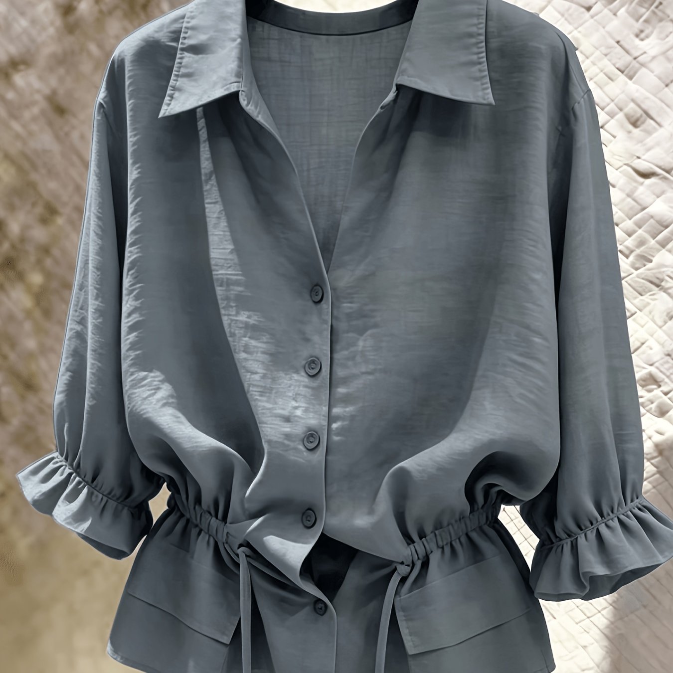TEMU French Drawstring Waist Short Shirt, 3/4 Sleeve Loose Commuter Solid Color Lapel Spring/summer Women's Top