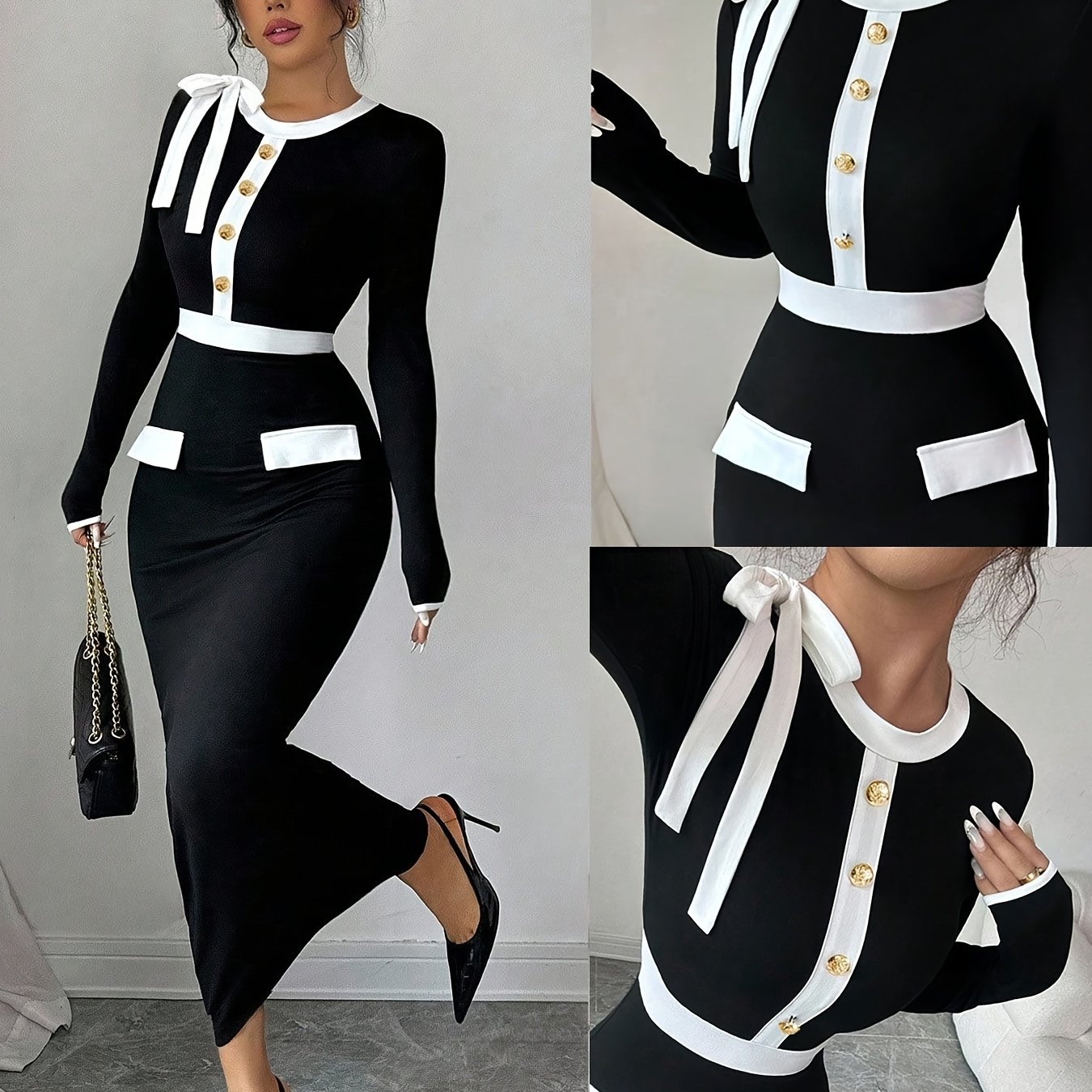 TEMU Elegant Fashion Women's Autumn Winter Black And White Contrast Fitted Sexy Long Sleeve Decorative Button Long Dress Bzra