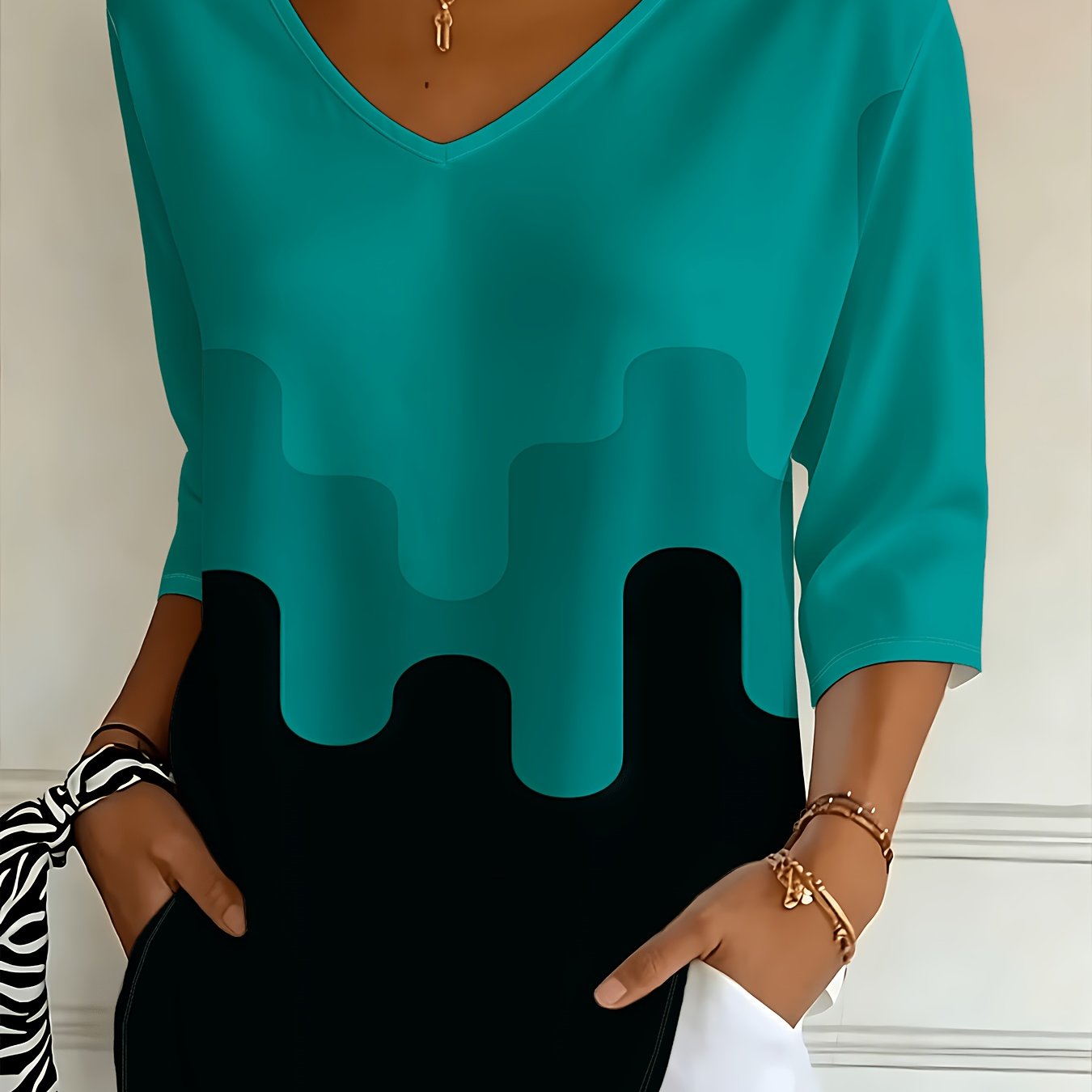 TEMU Color-block V-neck Three-quarter Sleeve T-shirt, Women's Casual Loose Top, Summer Fashion Printed Shirt
