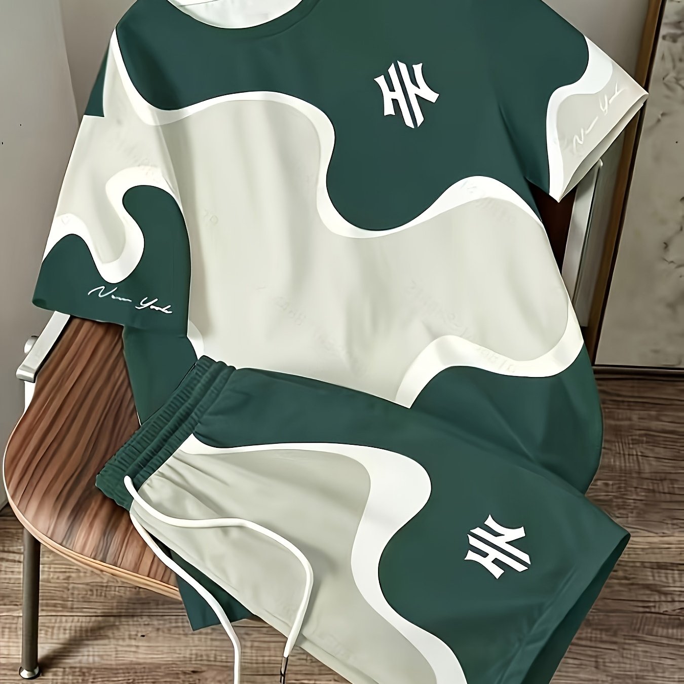 TEMU Completo da estivo a maniche corte con stampa a a colori contrastanti, set 2 pezzi con T-shirt e pantaloncini traspiranti, abbigliamento da