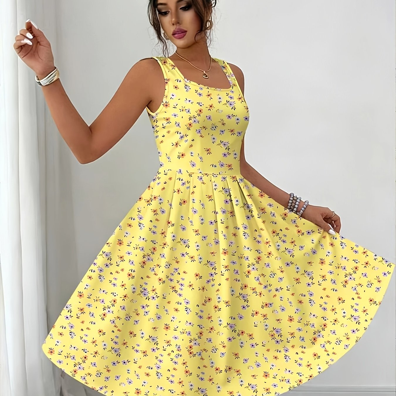 TEMU Women's Printed Sleeveless Dress, Shirred Flowing A-line Mini Skirt For Vacation And Parties