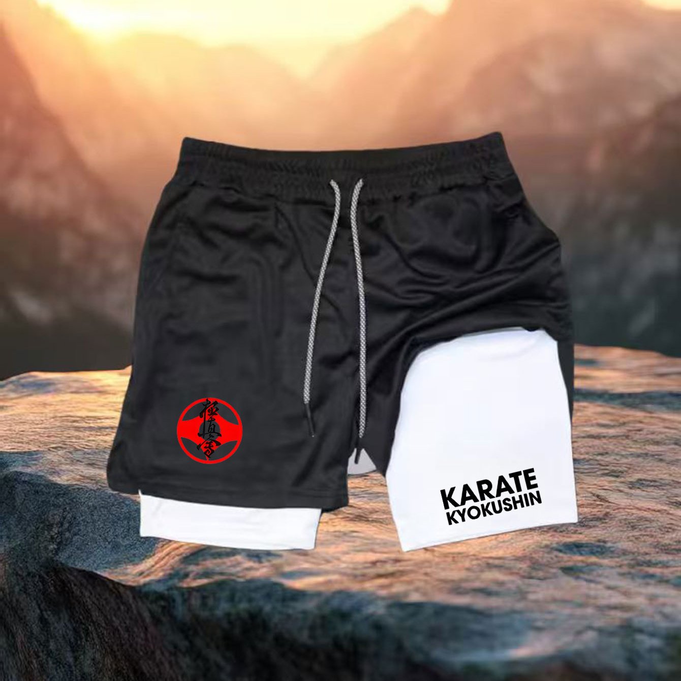 TEMU Men's Karate Training Shorts - Quick-dry Double-layer Thermal Design With Karate Print, Breathable Gym & Outdoor Running Shorts Suitable For