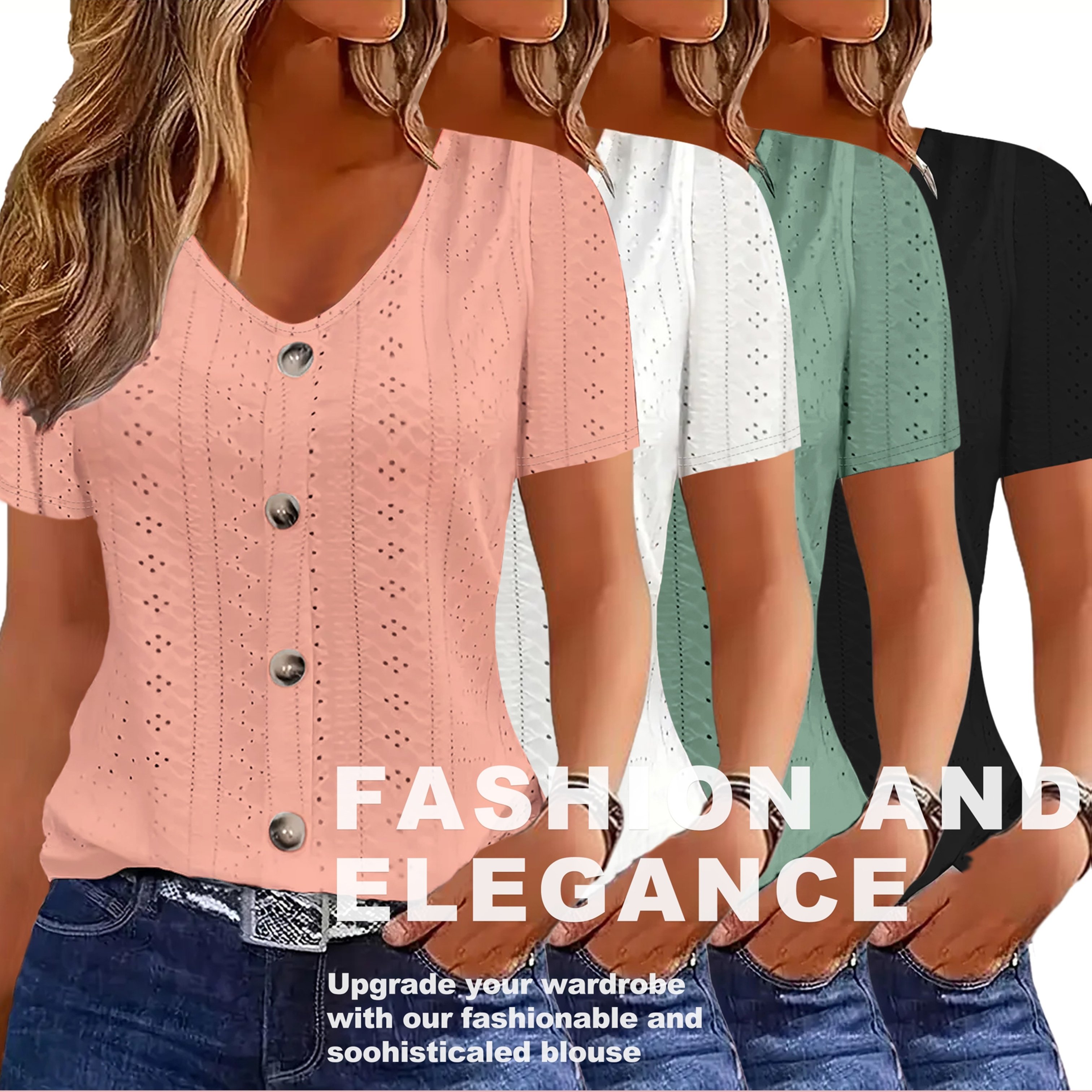 TEMU 4pcs Summer New Large V-neck Short-sleeved Sexy Lace With Fake Row Button High-quality Lace Fabric Shows Advanced Texture 4 Colors A Set