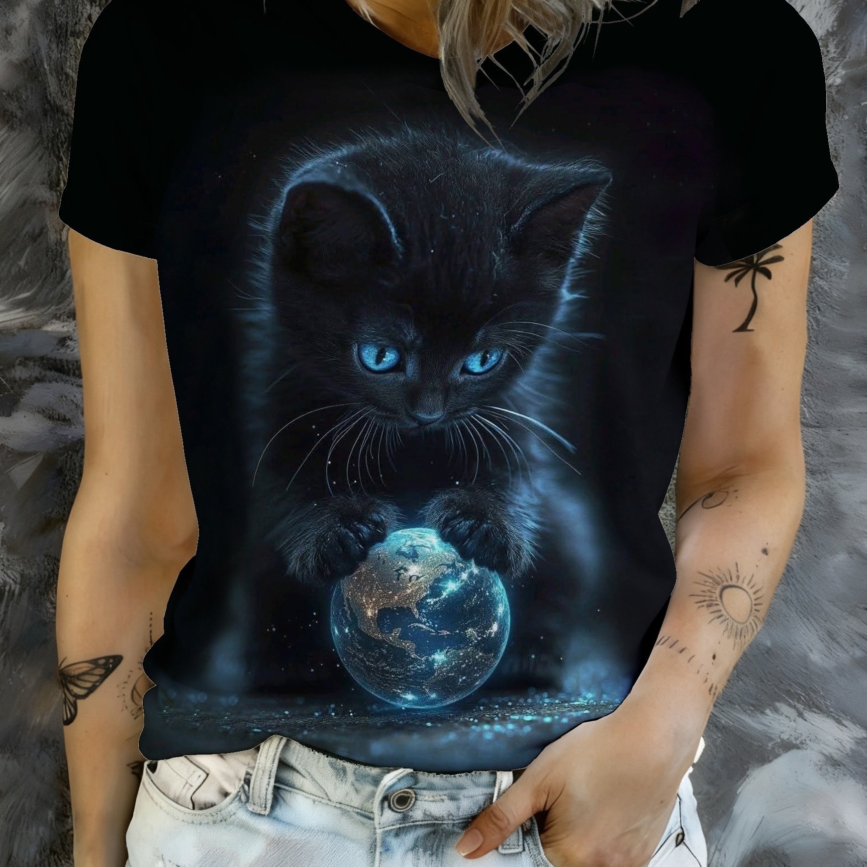 TEMU Night Starry Sky Black Cat Holding Glowing Earth Print Short-sleeve T-shirt, Style Artistic Cool Trendy Versatile Daily Casual Top