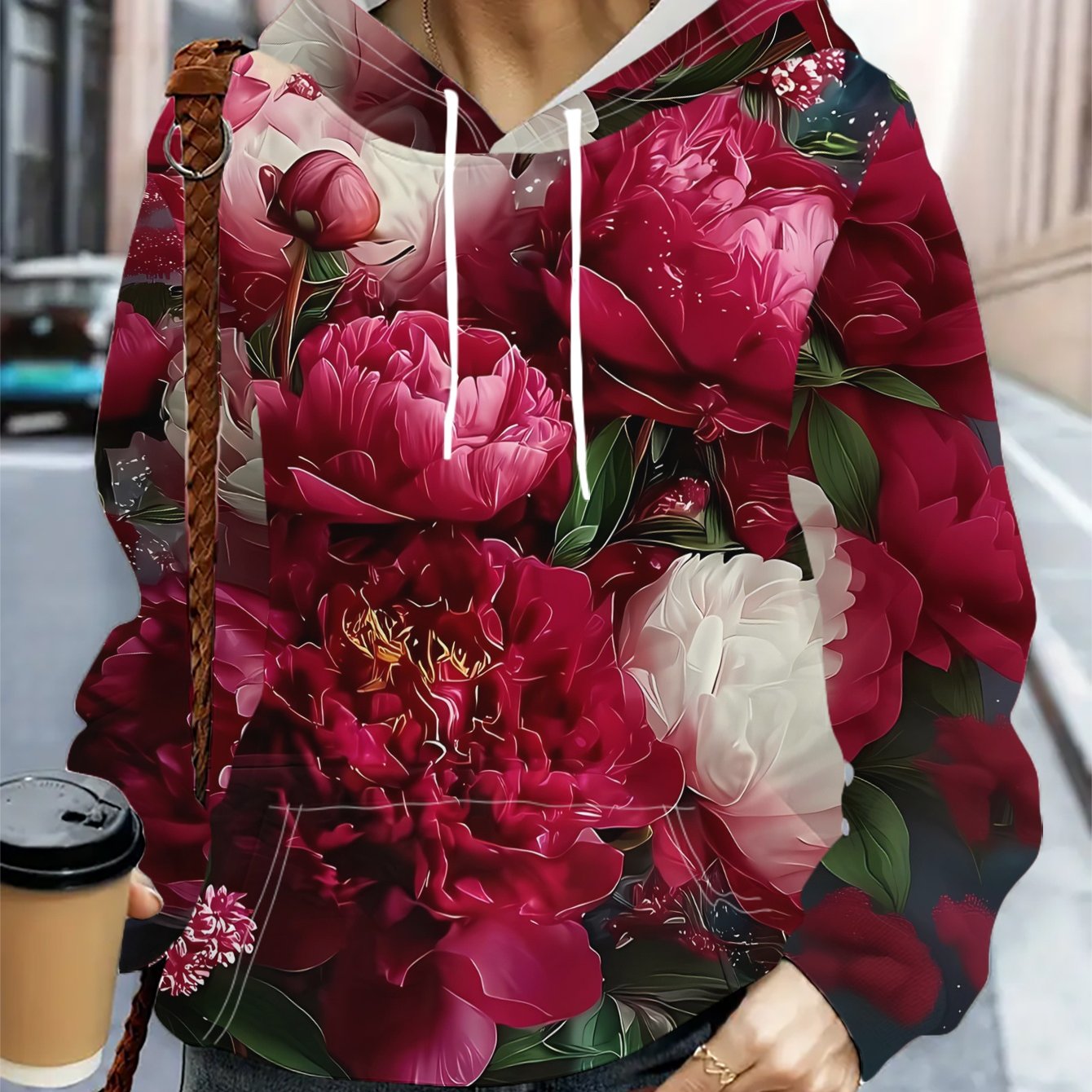 TEMU Women's Peony Floral Printed Hoodie, Long Sleeve Pullover, Casual And Stylish Made Of Lightweight Fabric, Wear And Autumn